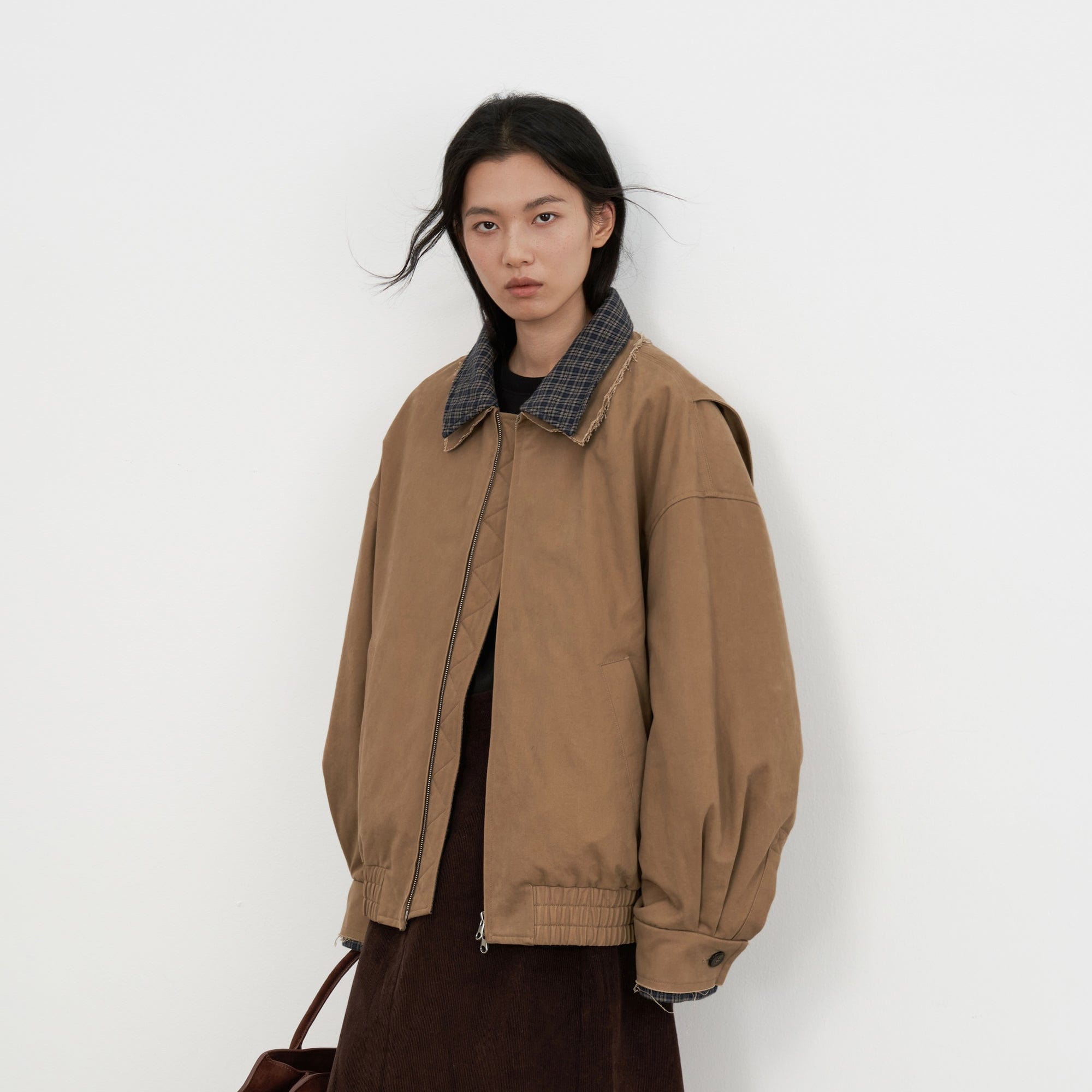 SAME FLOW Frayed Edge Plaid Collar Utility Down Jacket