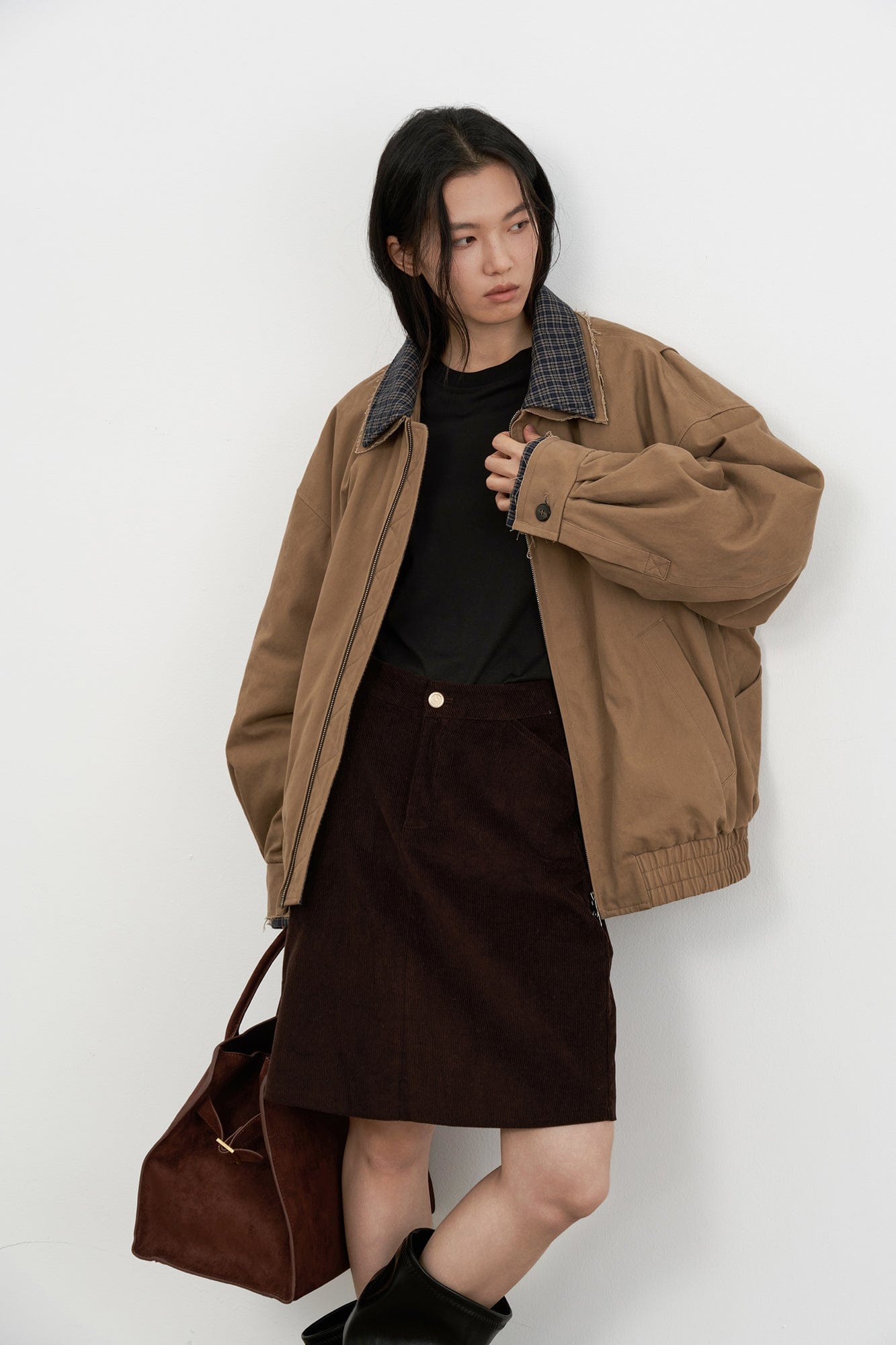 SAME FLOW Frayed Edge Plaid Collar Utility Down Jacket