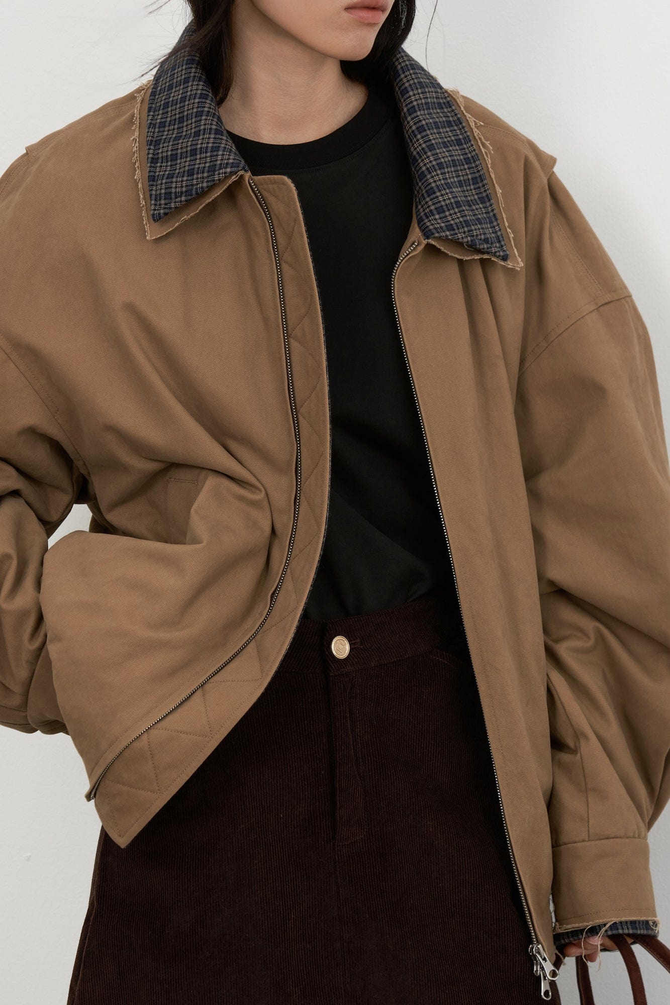 SAME FLOW Frayed Edge Plaid Collar Utility Down Jacket