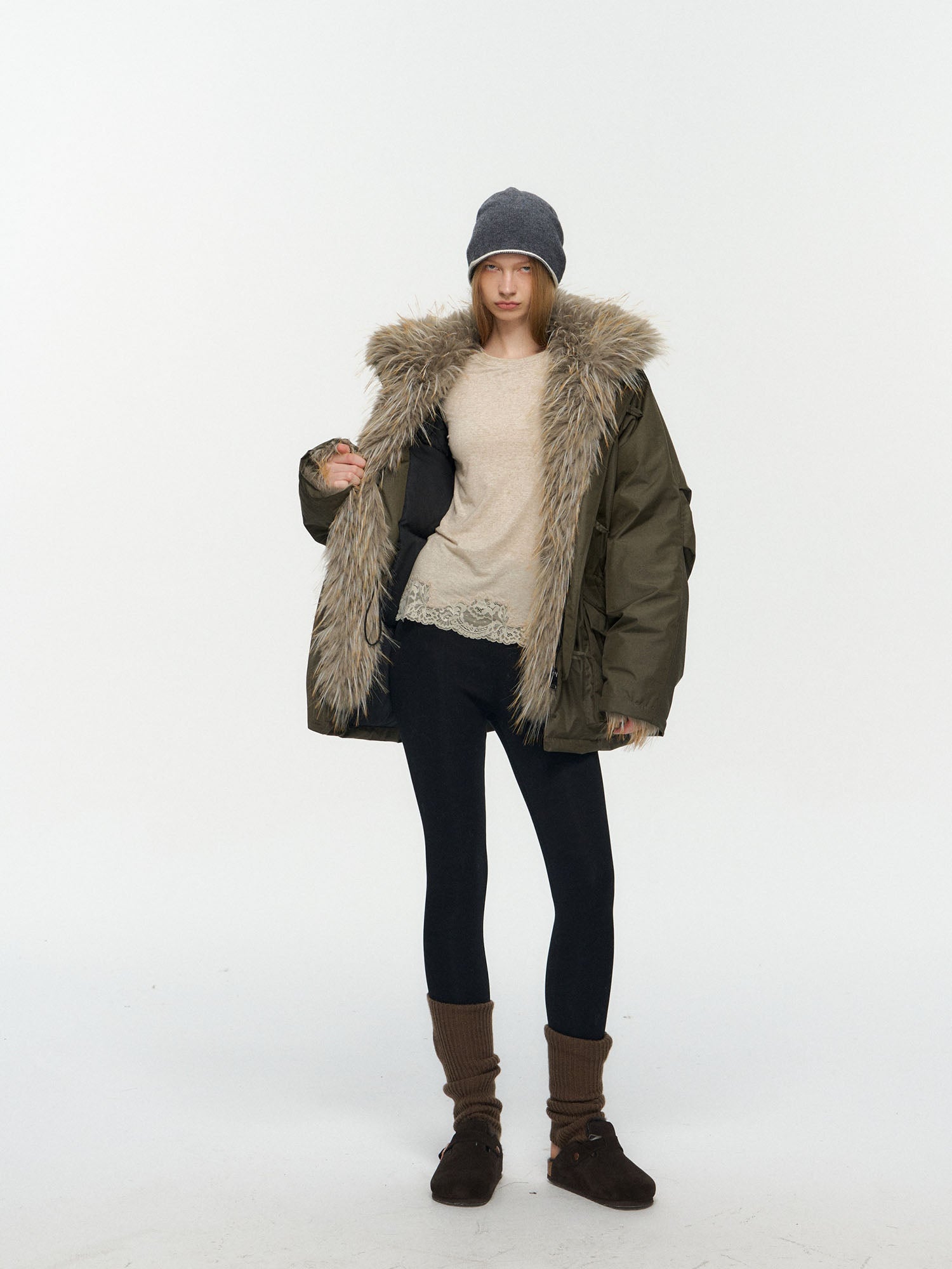 10AMSOTIIIIIIRED Detachable Faux Fur Collar Cinched-Waist Down Parka