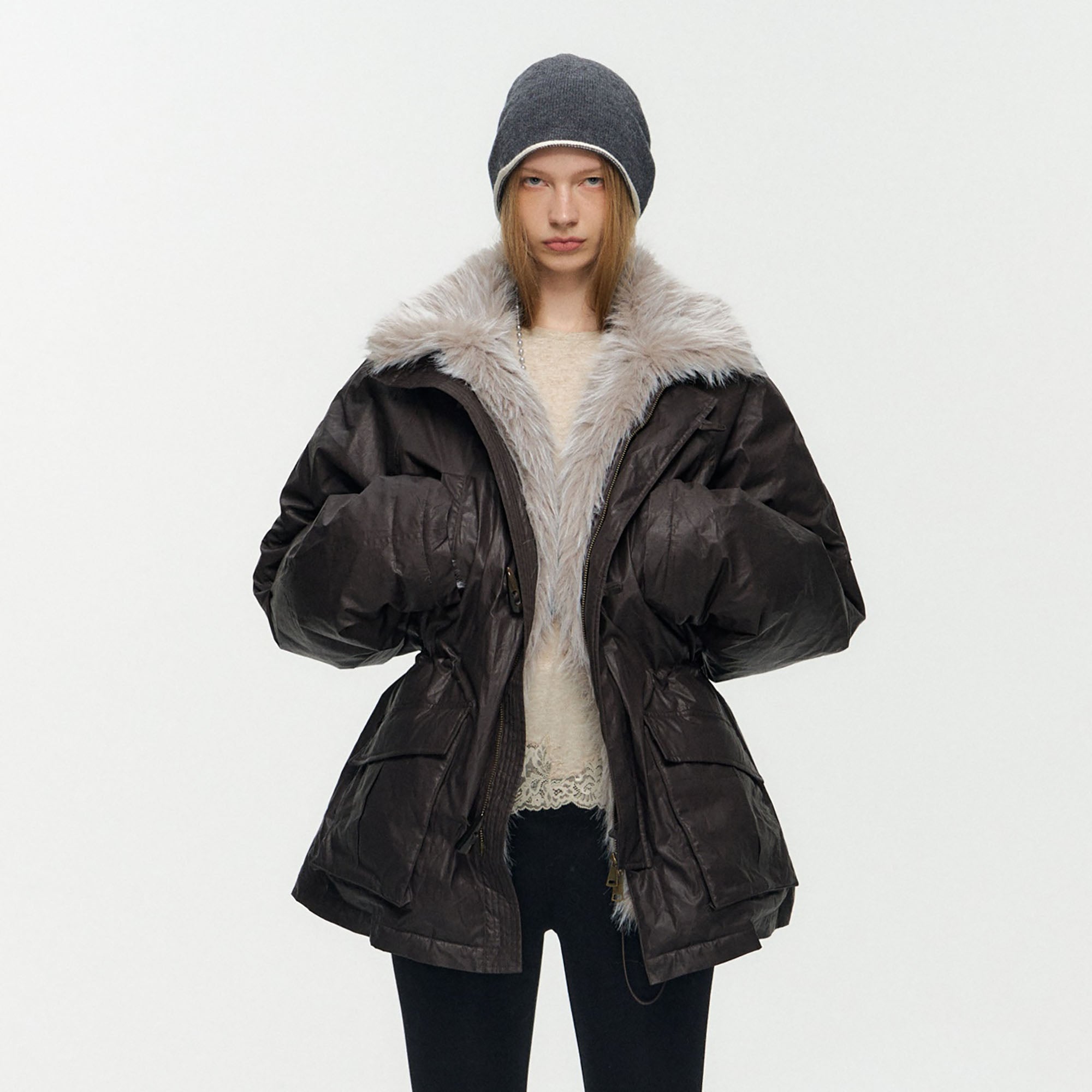 10AMSOTIIIIIIRED Detachable Faux Fur Collar Cinched-Waist Down Parka