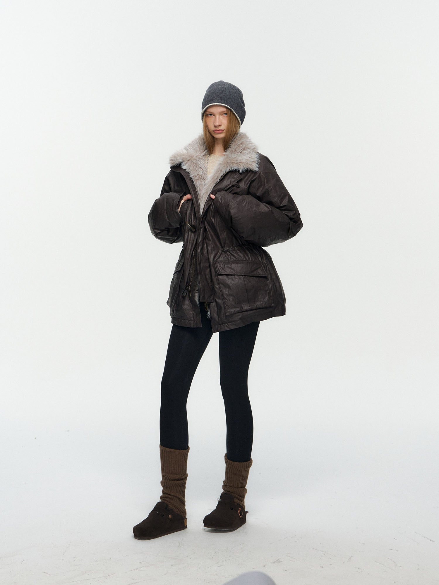 10AMSOTIIIIIIRED Detachable Faux Fur Collar Cinched-Waist Down Parka