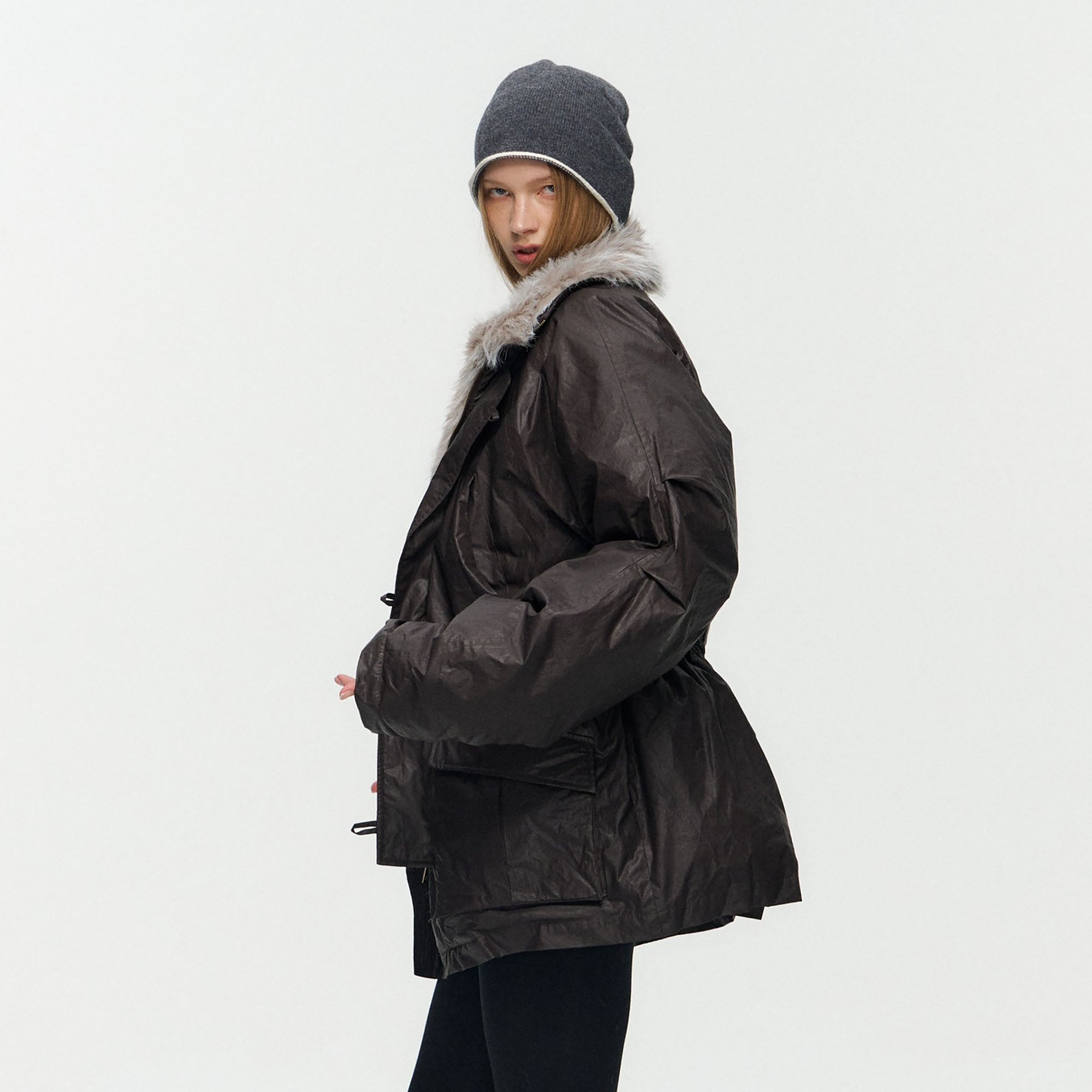 10AMSOTIIIIIIRED Detachable Faux Fur Collar Cinched-Waist Down Parka