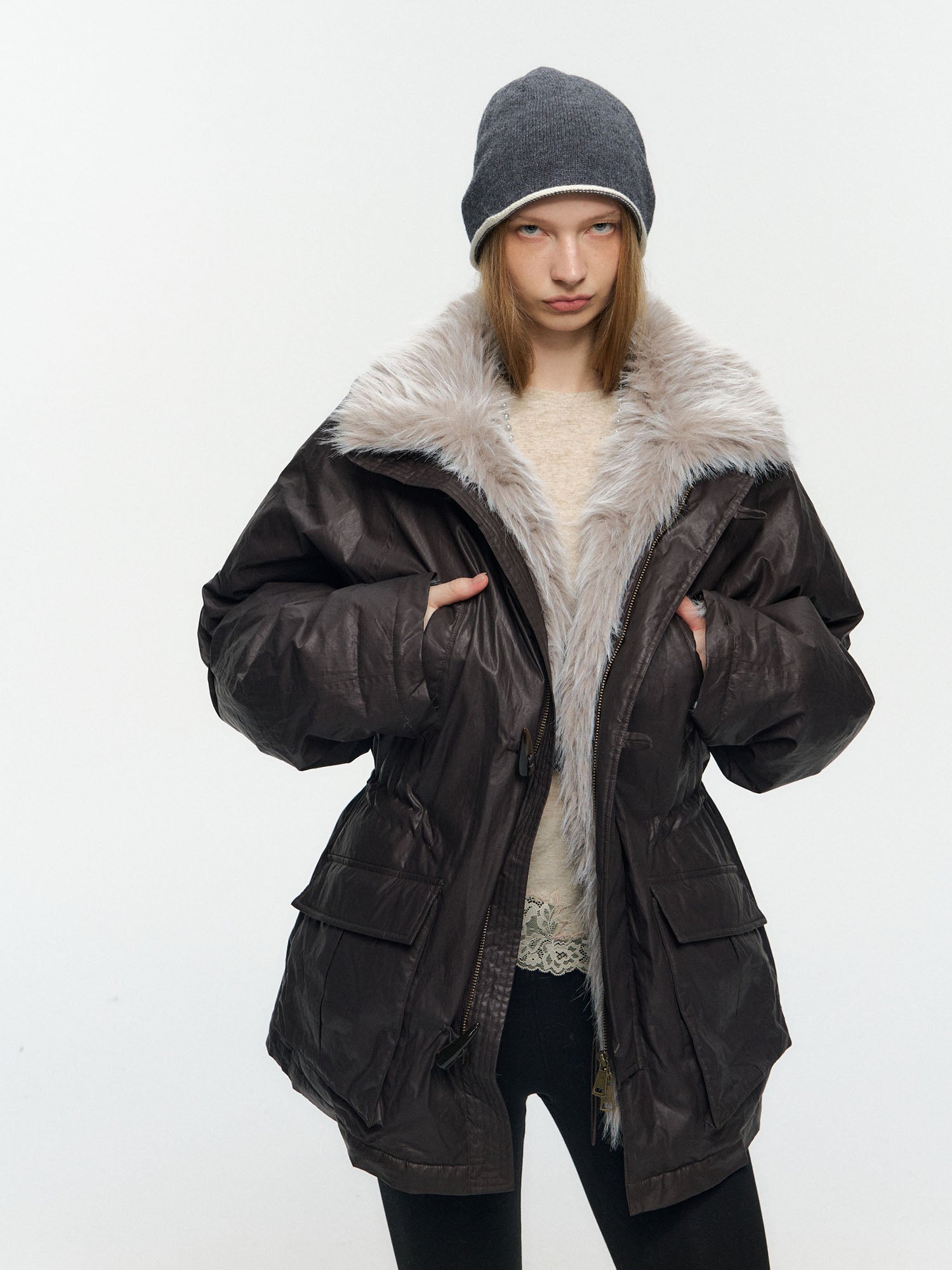 10AMSOTIIIIIIRED Detachable Faux Fur Collar Cinched-Waist Down Parka