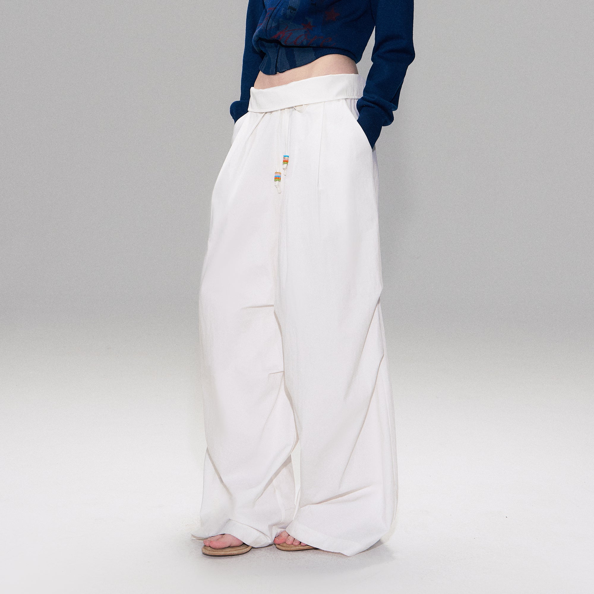 THE NEVERMORE Folded Waist Beaded Drawstring Wide-Leg Pants