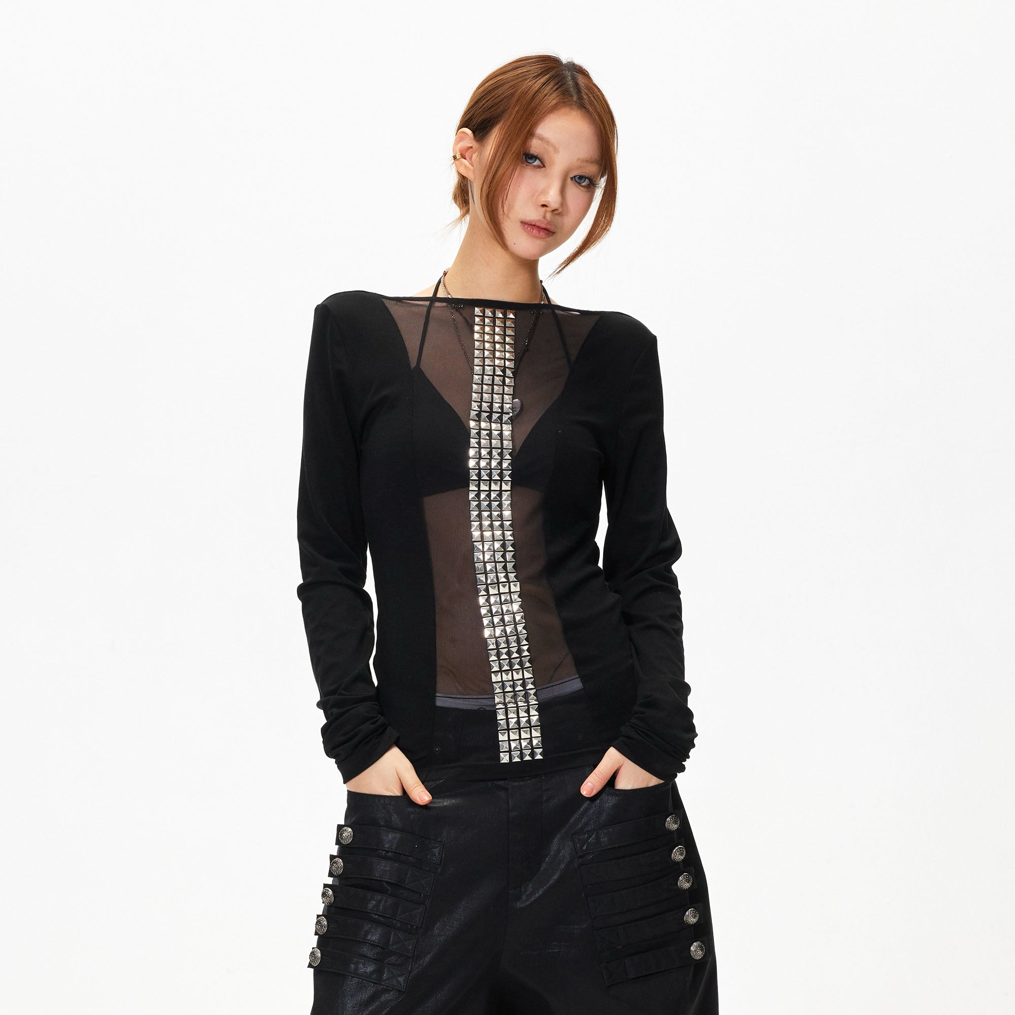 3MODE Sheer Slim Studded Long-Sleeve Tee