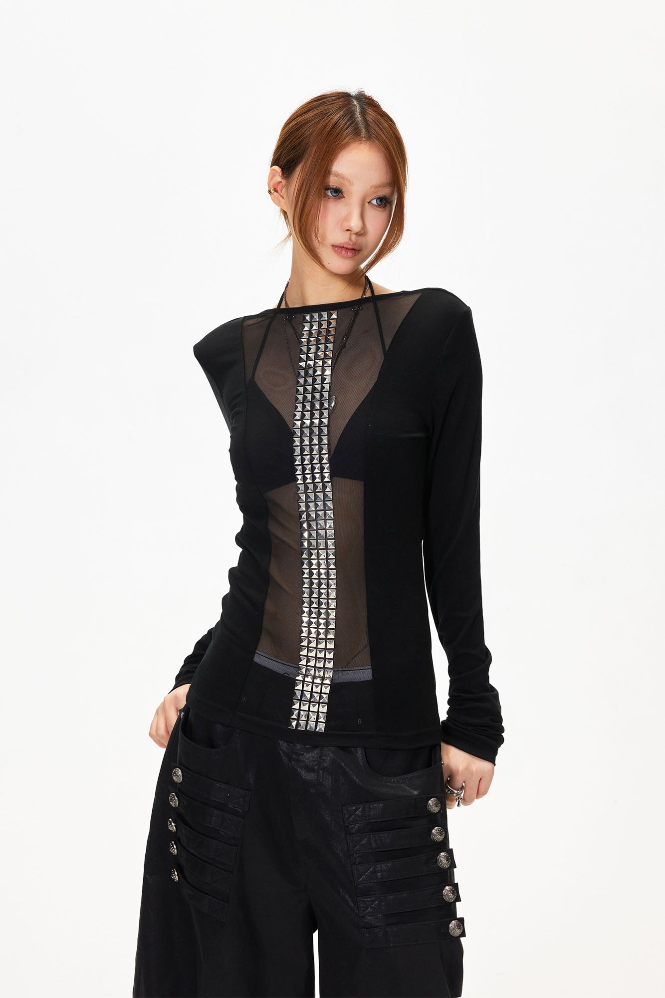 3MODE Sheer Slim Studded Long-Sleeve Tee