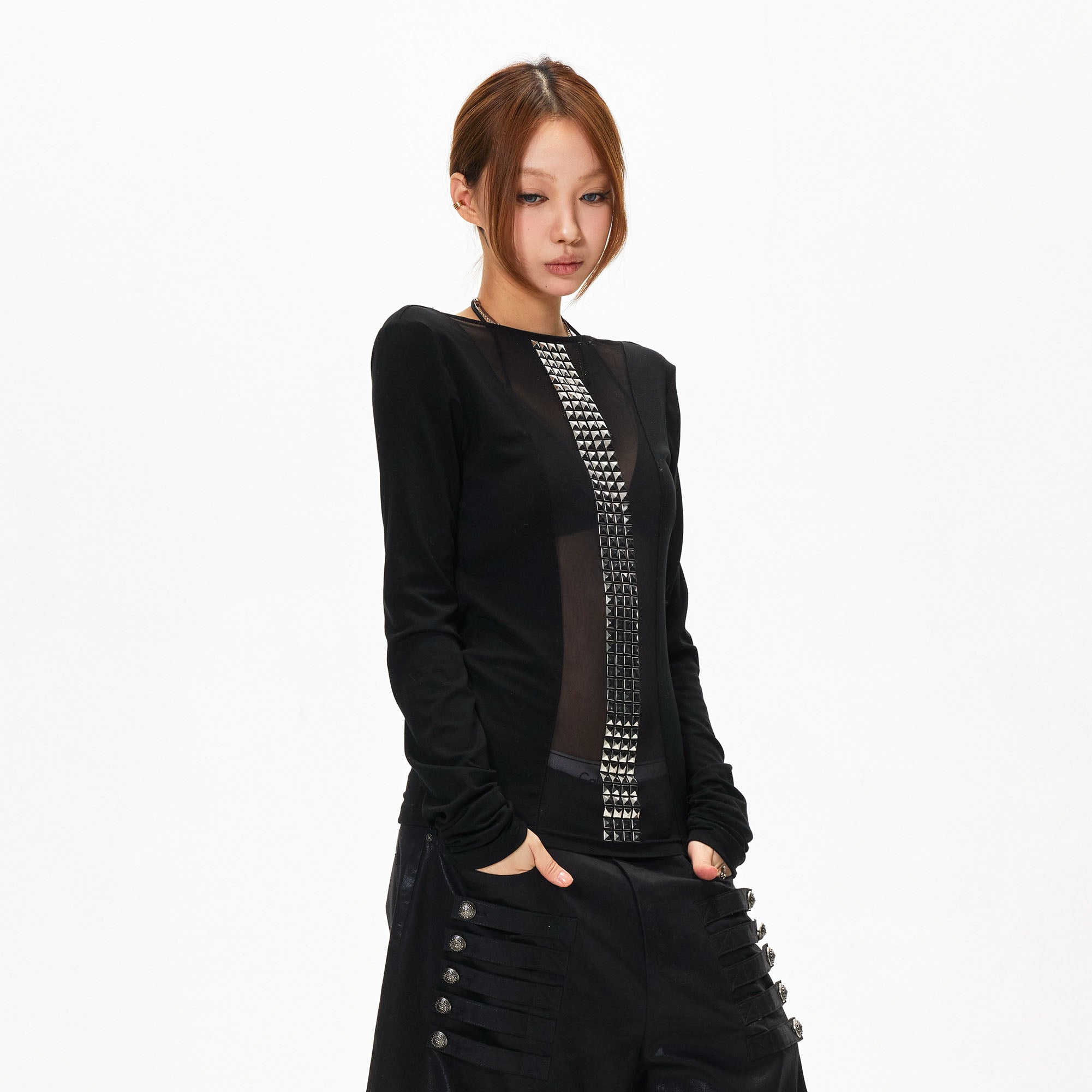 3MODE Sheer Slim Studded Long-Sleeve Tee