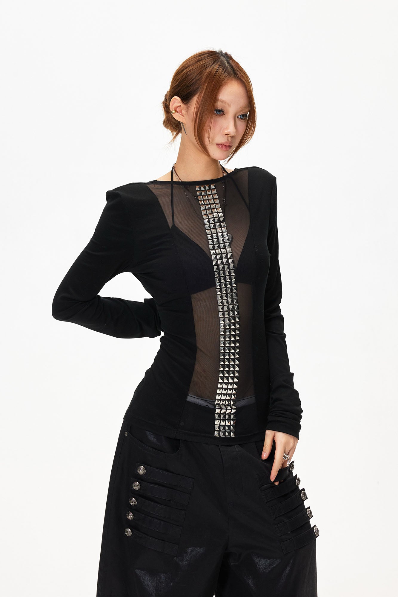 3MODE Sheer Slim Studded Long-Sleeve Tee