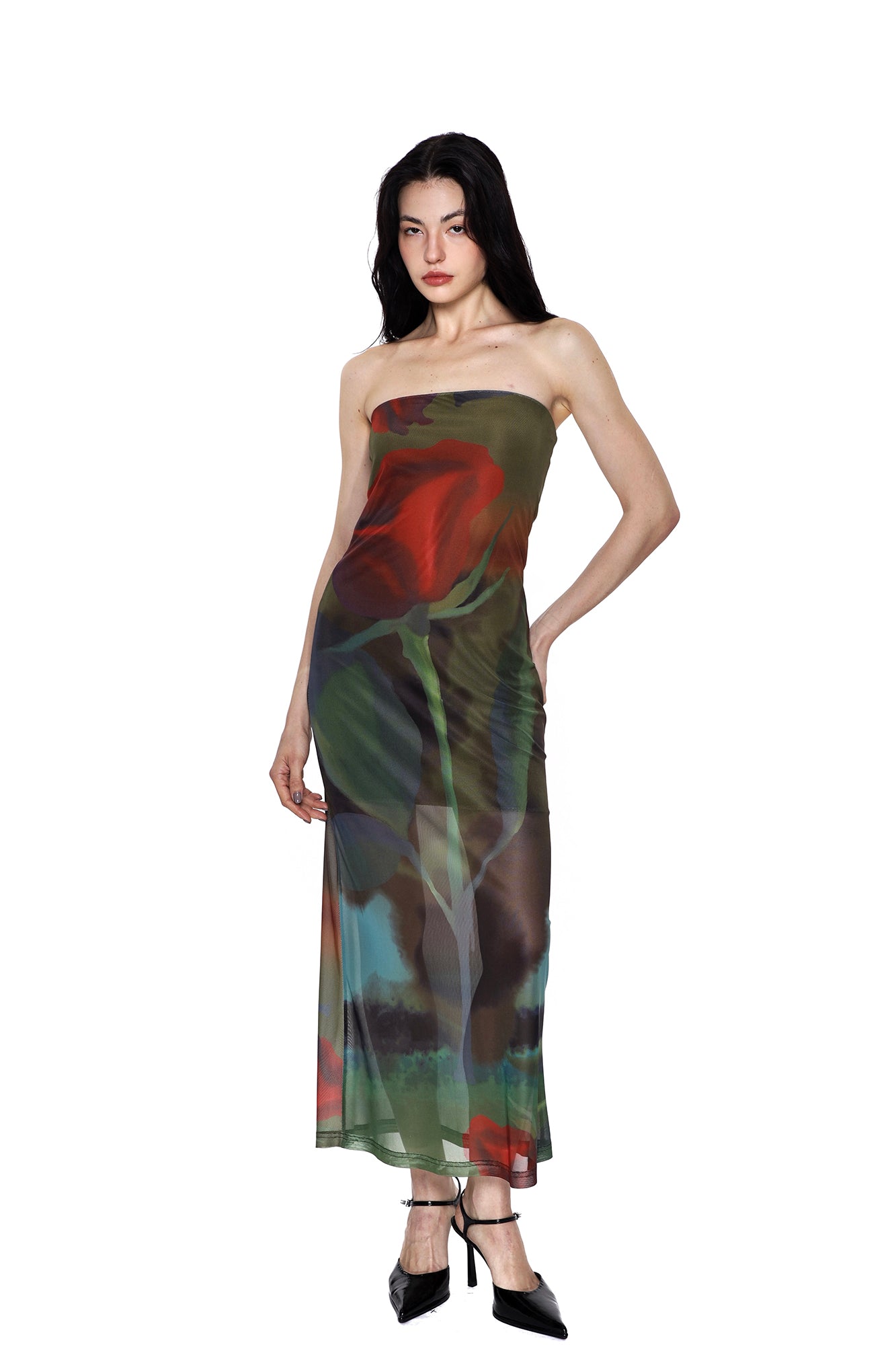 SCARLET SAGE Floral Mesh Bandeau Dress