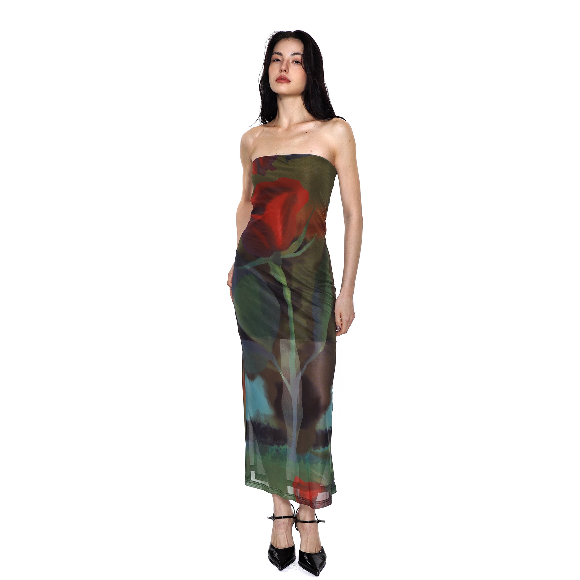SCARLET SAGE Floral Mesh Bandeau Dress
