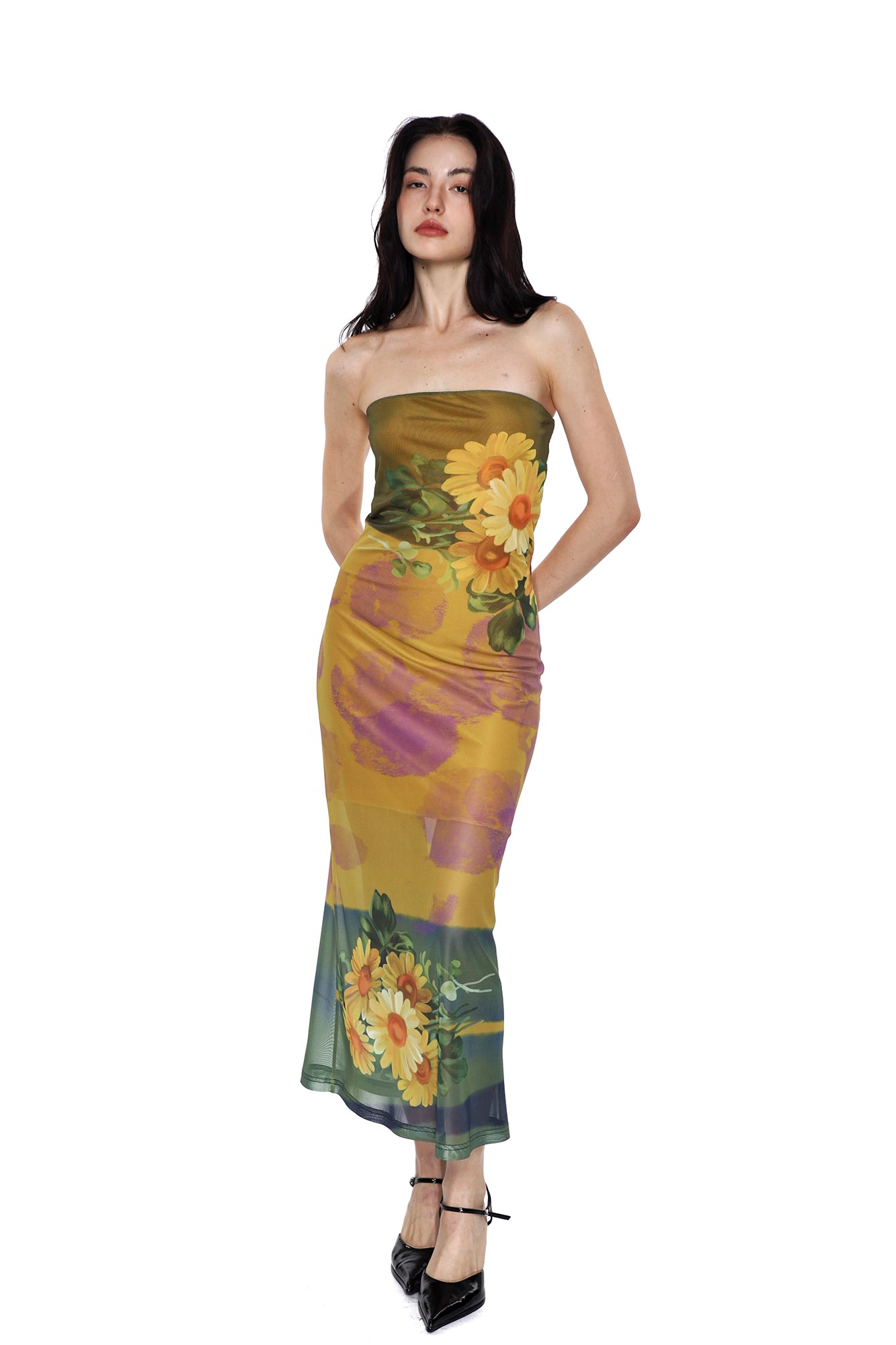 SCARLET SAGE Floral Mesh Bandeau Dress