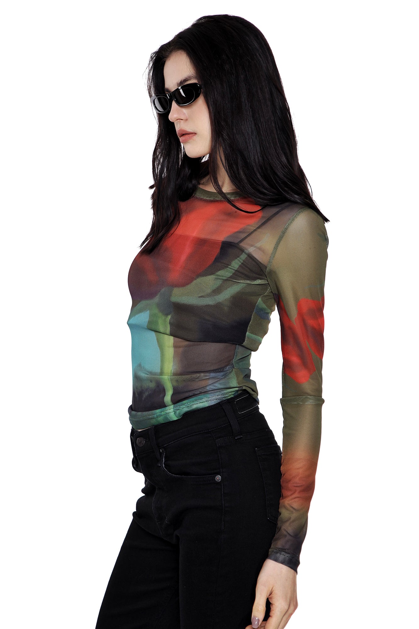 SCARLET SAGE Rose Full-Print Mesh Long-Sleeve Tee