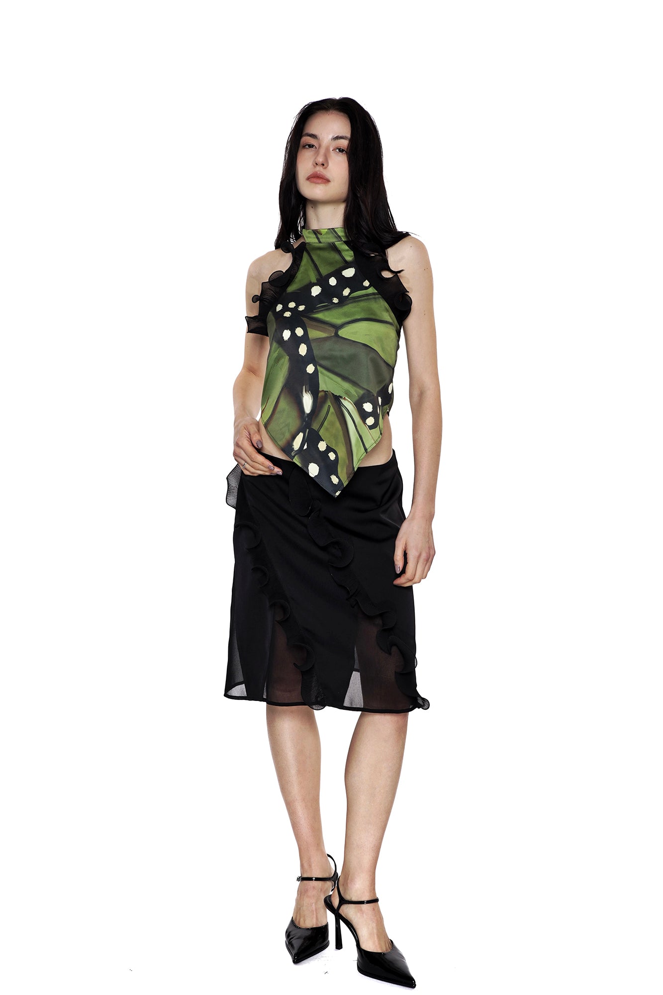 SCARLET SAGE Butterfly Graphic Satin Halter Top