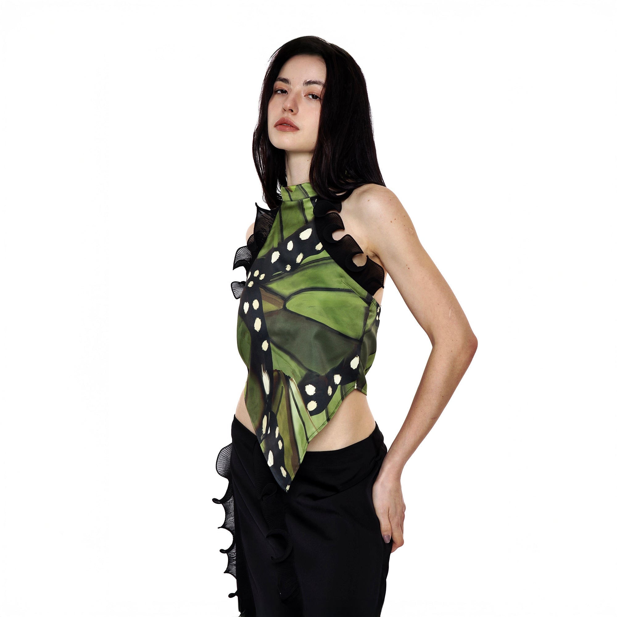 SCARLET SAGE Butterfly Graphic Satin Halter Top