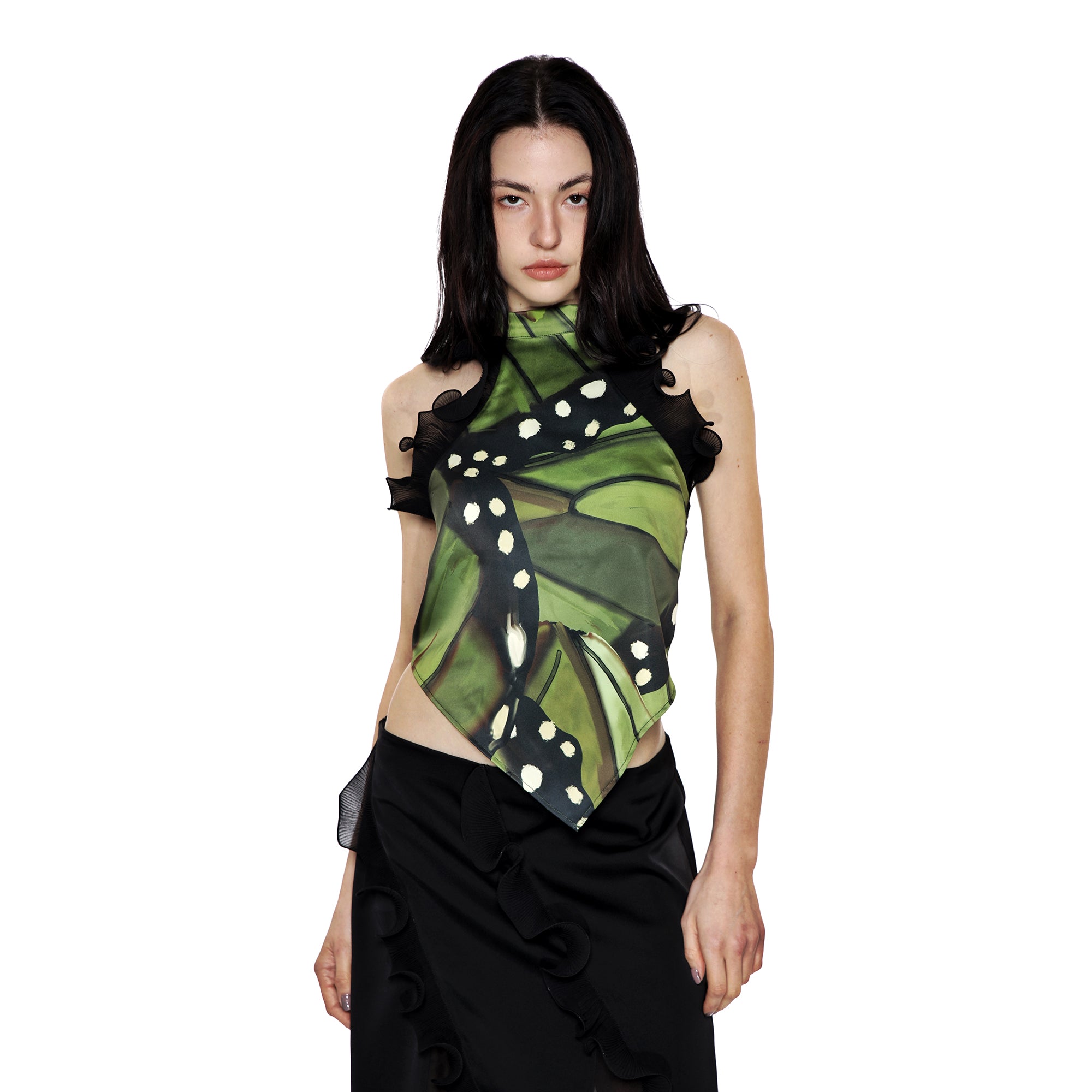 SCARLET SAGE Butterfly Graphic Satin Halter Top