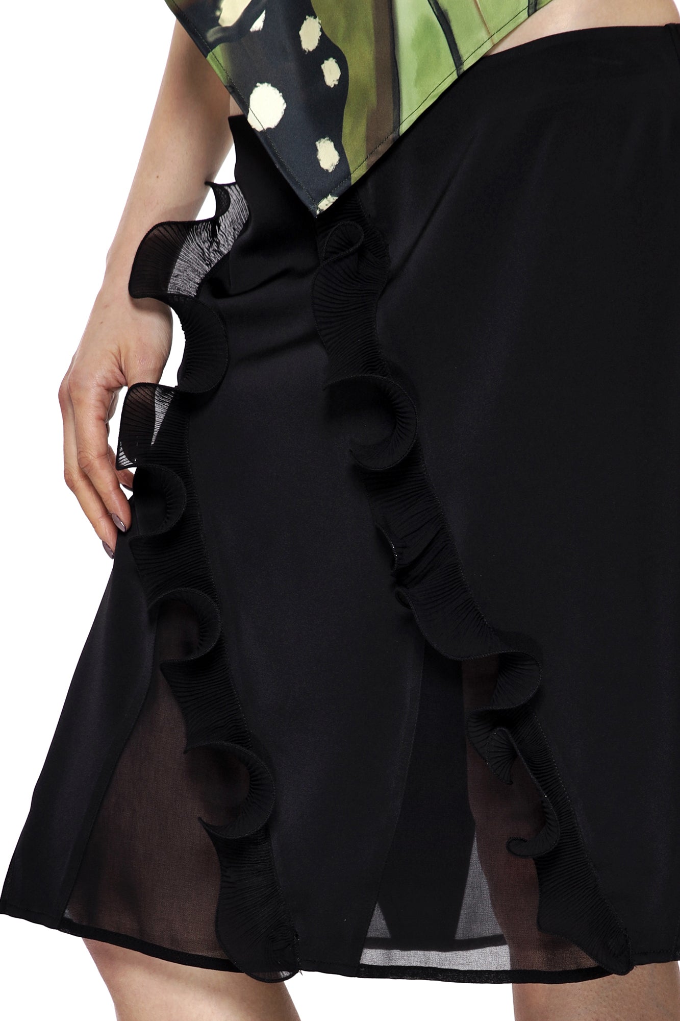 SCARLET SAGE Ruffle-Trim Satin Spliced Skirt