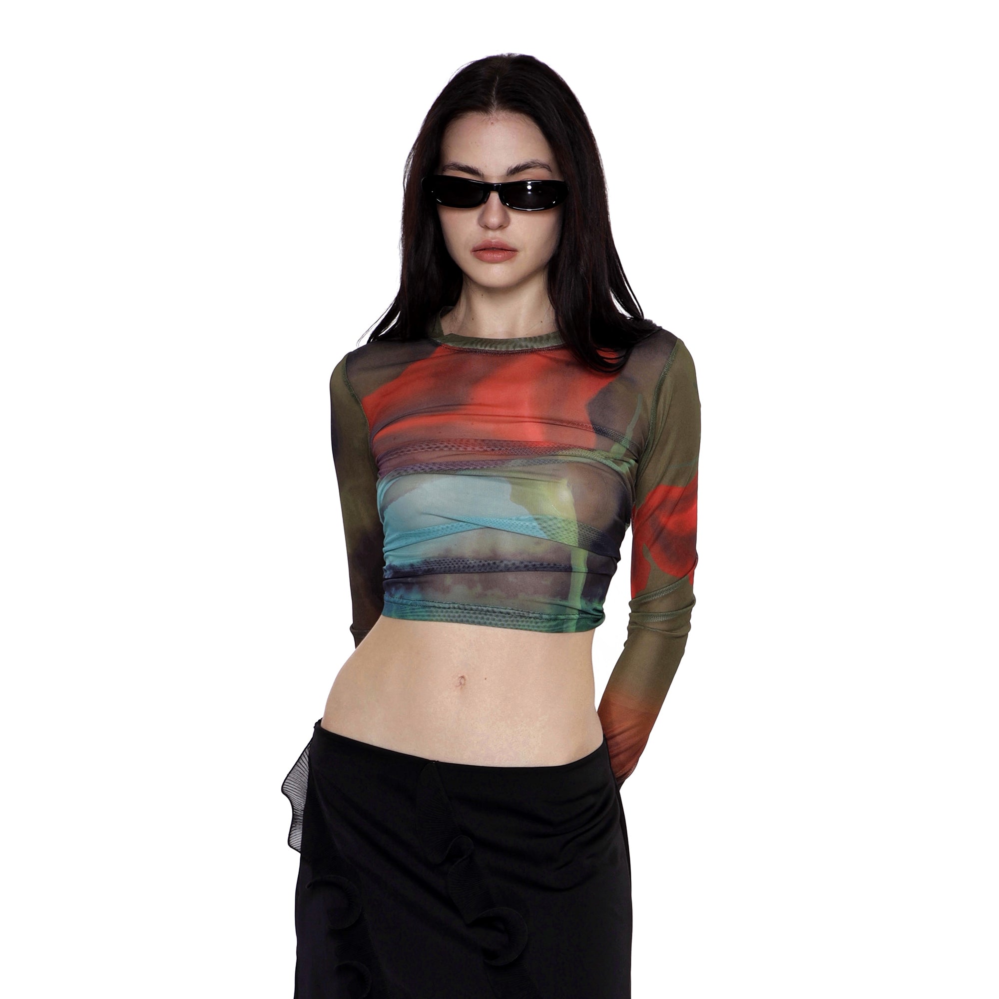 SCARLET SAGE Rose Full-Print Mesh Long-Sleeve Tee