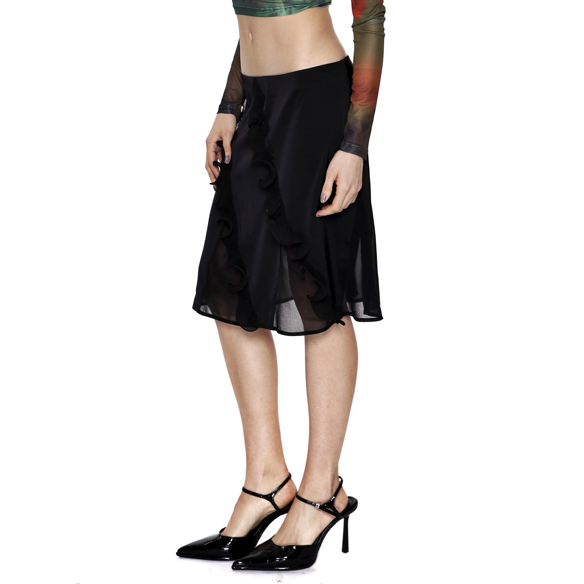 SCARLET SAGE Ruffle-Trim Satin Spliced Skirt