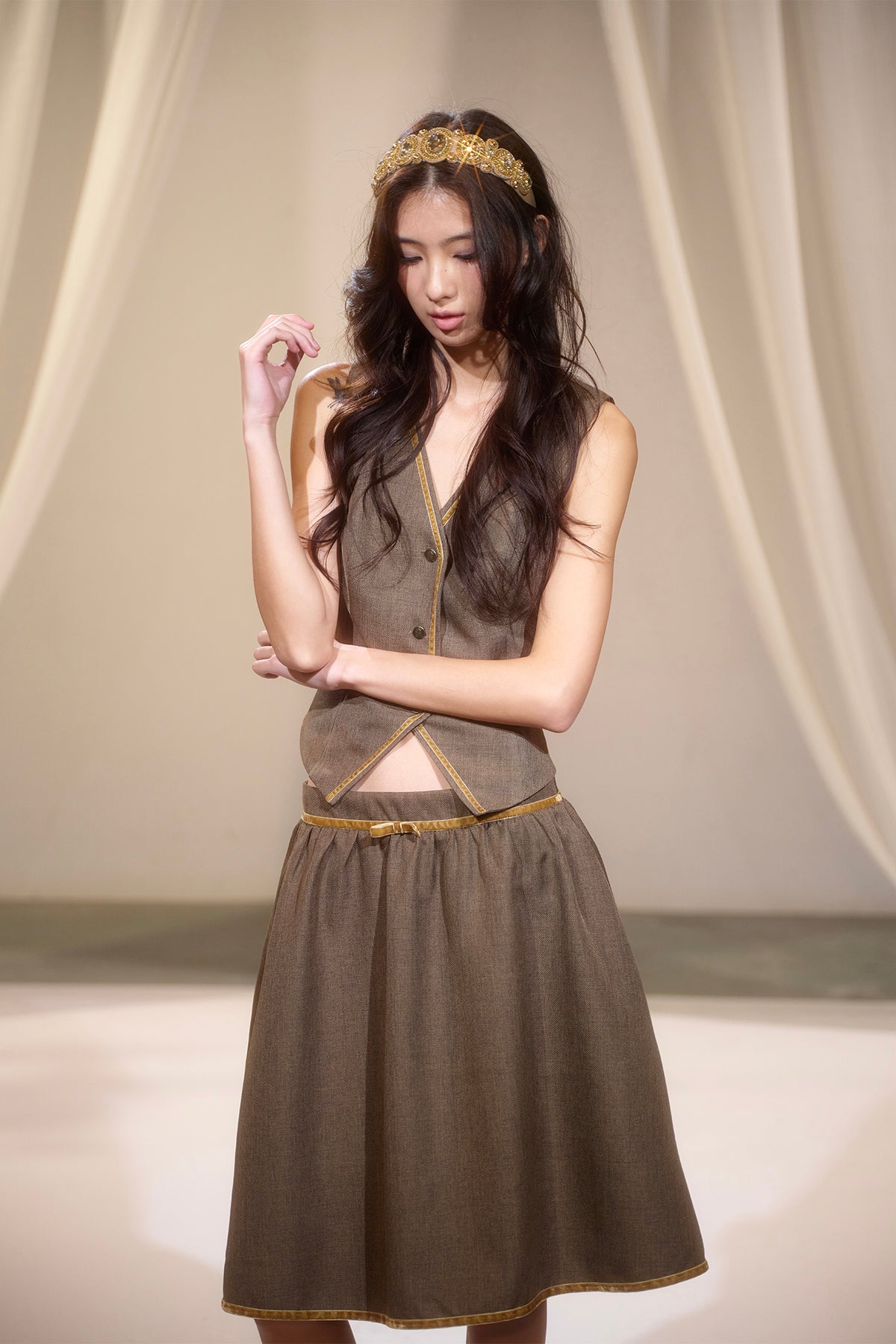 LVETONG Sailor-Collar Belted Vest & Gathered Skirt Set