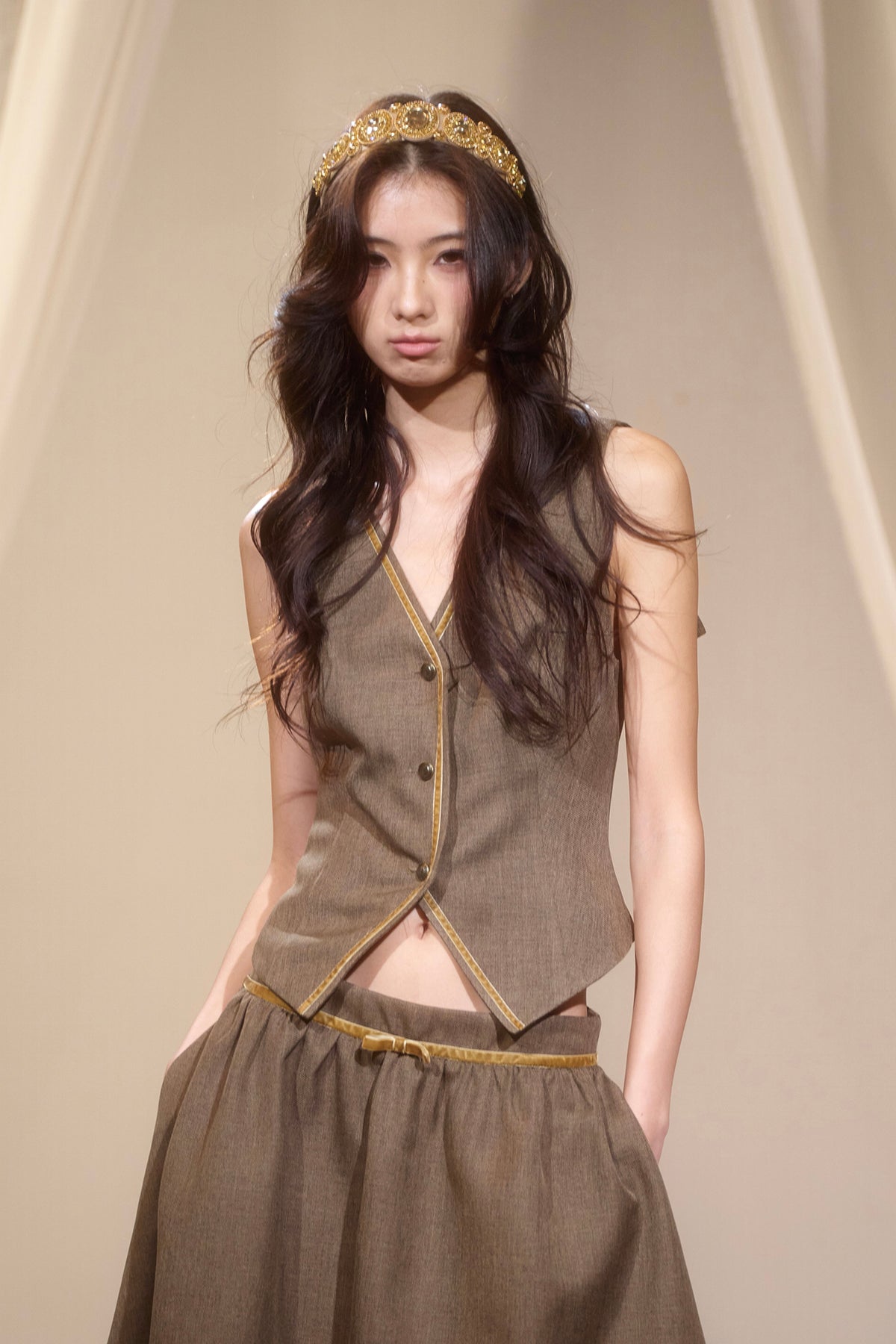 LVETONG Sailor-Collar Belted Vest & Gathered Skirt Set