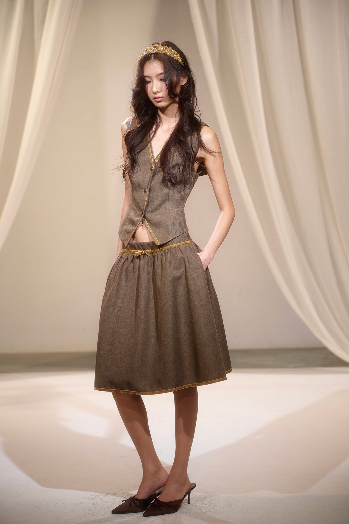 LVETONG Sailor-Collar Belted Vest & Gathered Skirt Set