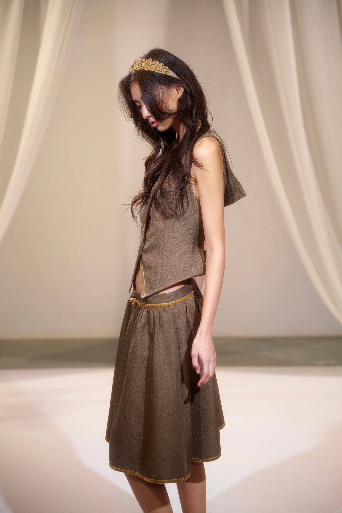 LVETONG Sailor-Collar Belted Vest & Gathered Skirt Set