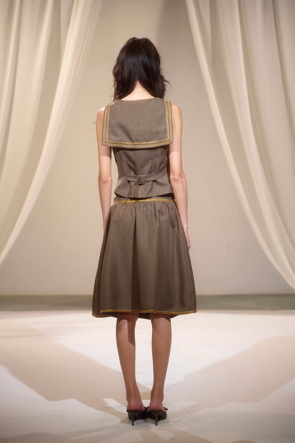 LVETONG Sailor-Collar Belted Vest & Gathered Skirt Set