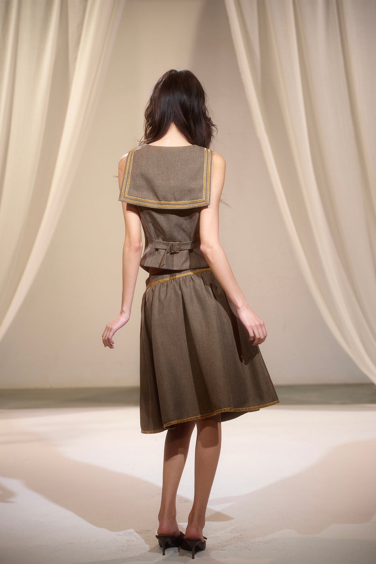 LVETONG Sailor-Collar Belted Vest & Gathered Skirt Set