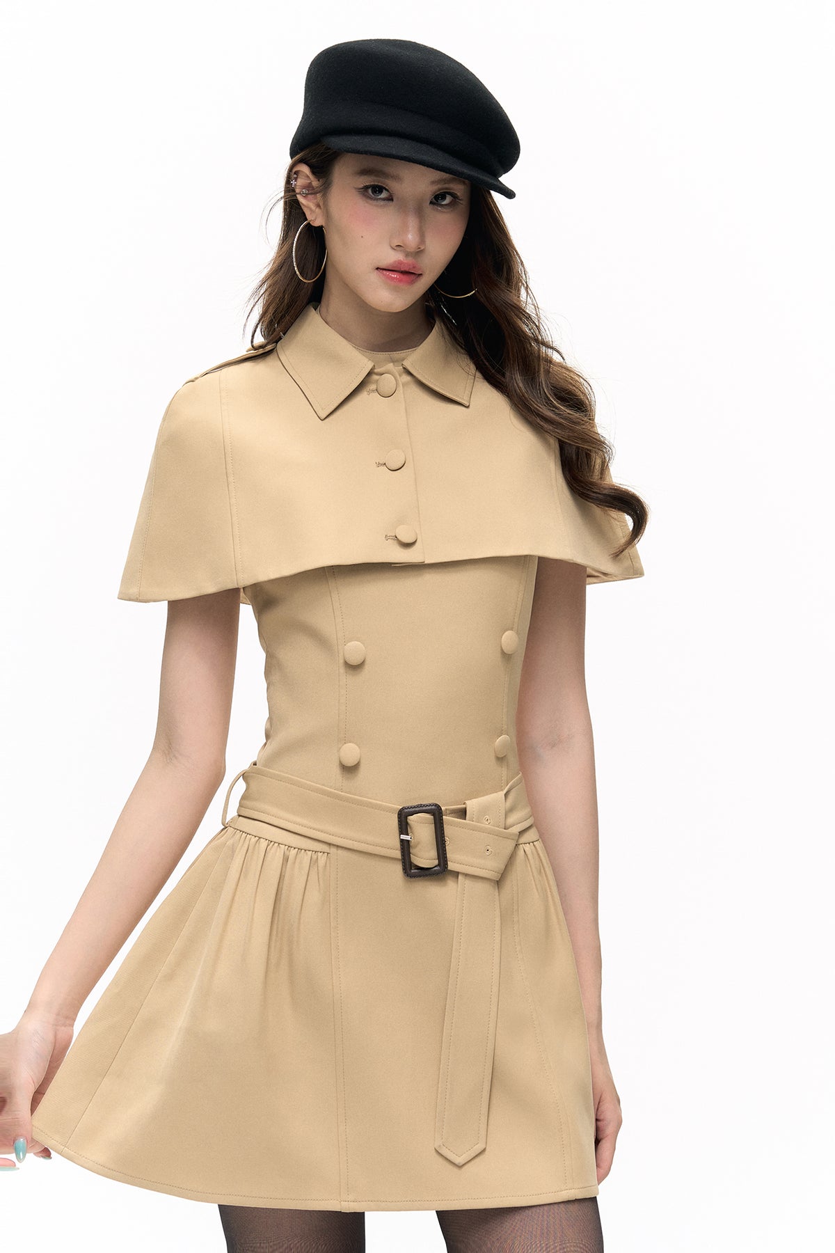 HIIMDAI Detachable Cape Double-Breasted Halter Dress