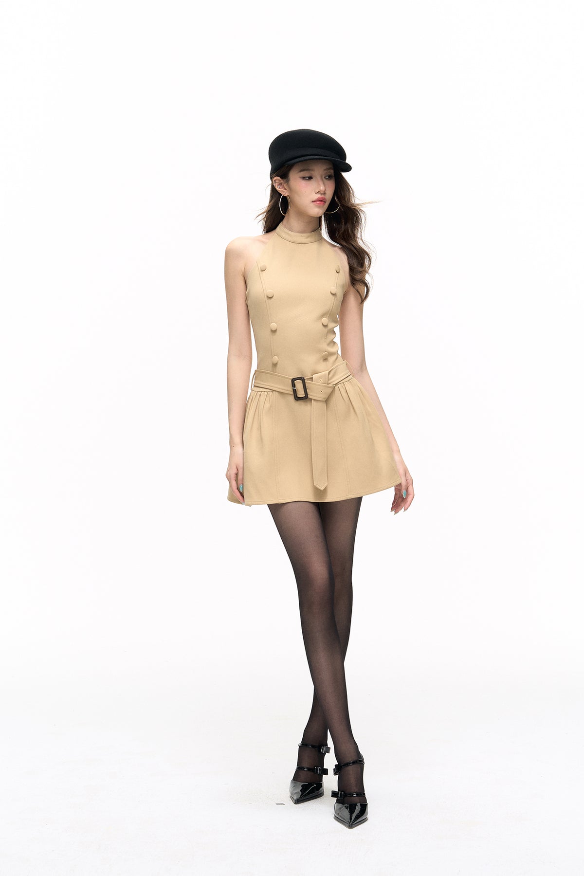 HIIMDAI Detachable Cape Double-Breasted Halter Dress