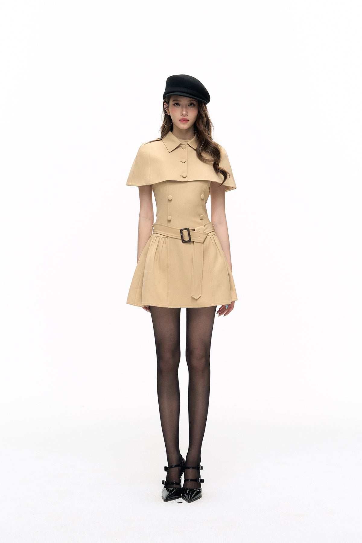 HIIMDAI Detachable Cape Double-Breasted Halter Dress