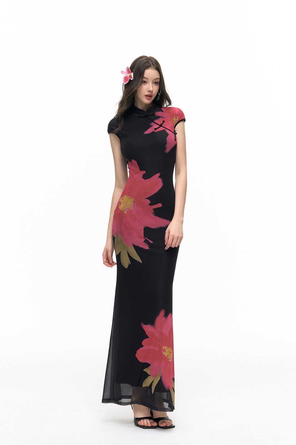 HIIMDAI Floral-Print Slim Qipao Maxi Dress