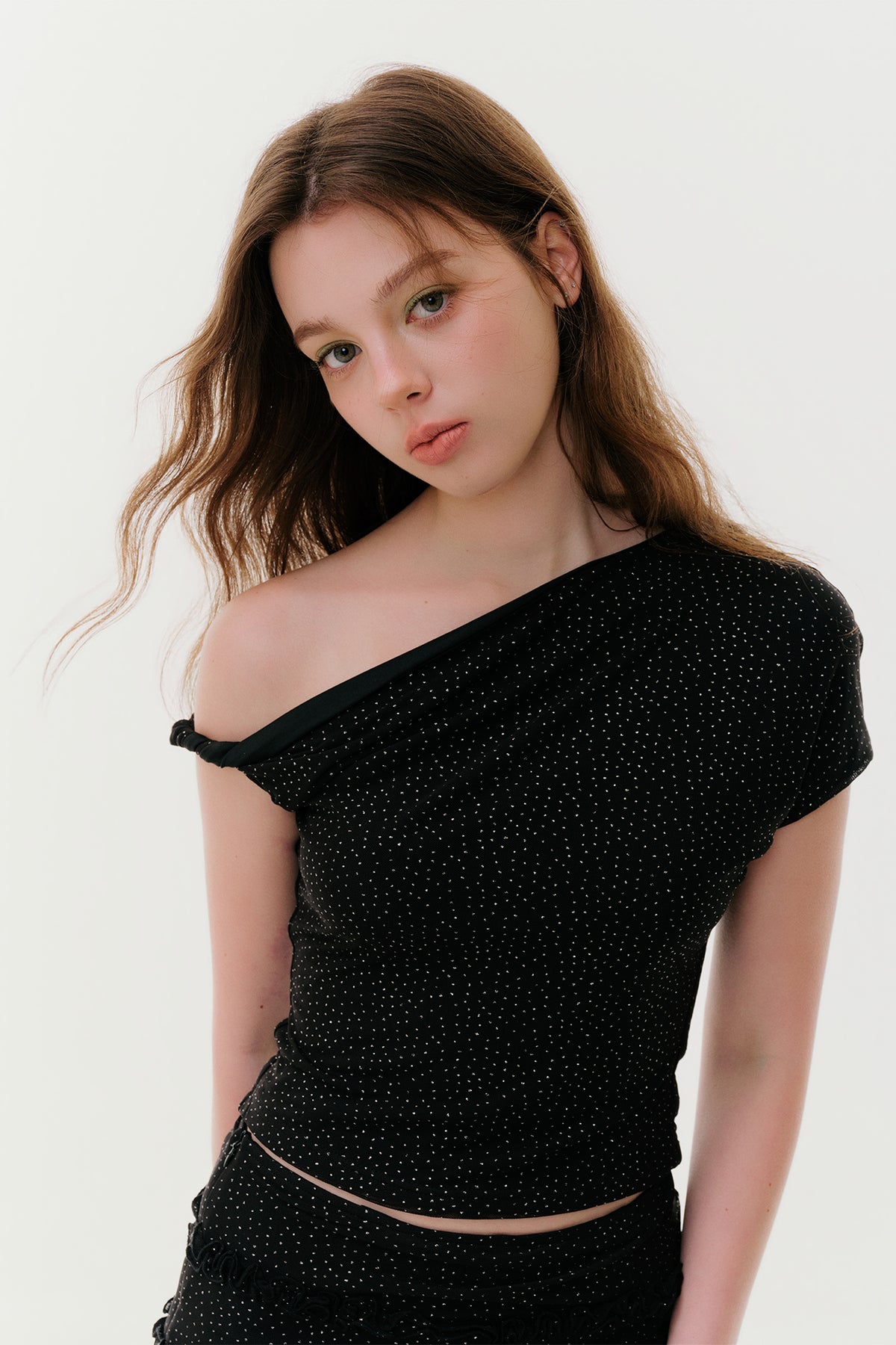 F1OS Sequin Asymmetric Off-Shoulder Top & Irregular Mini Skirt Set