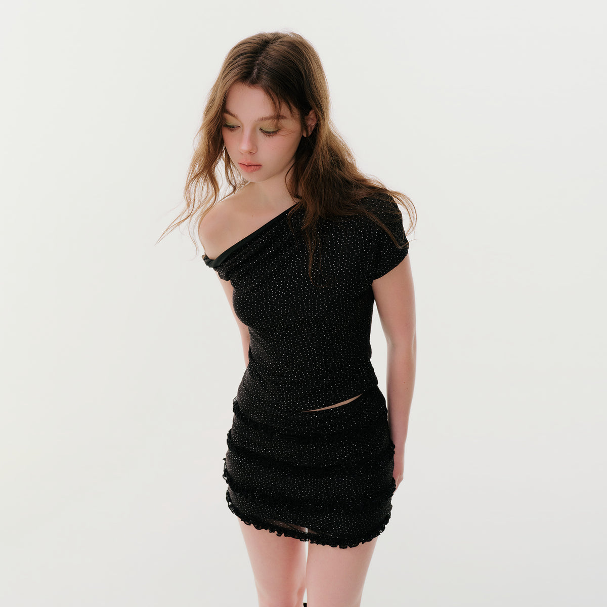 F1OS Sequin Asymmetric Off-Shoulder Top & Irregular Mini Skirt Set