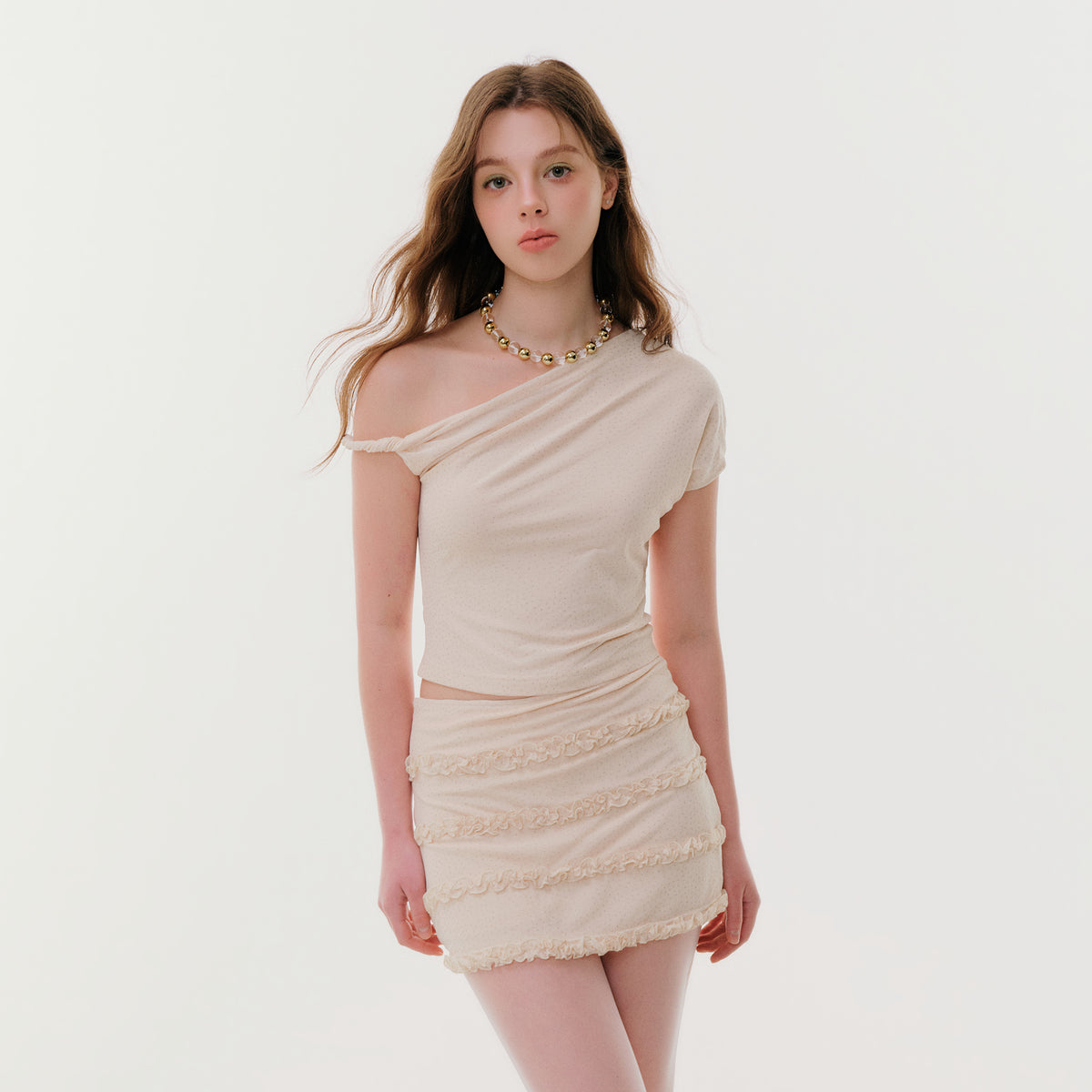 F1OS Sequin Asymmetric Off-Shoulder Top & Irregular Mini Skirt Set