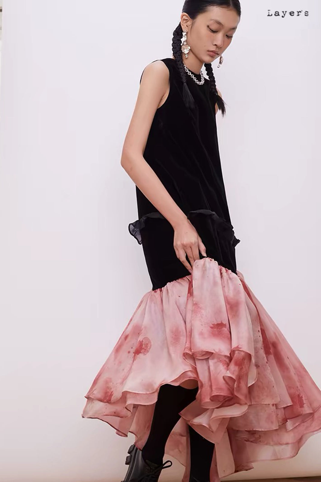 LAYERS Asymmetrical Flounce-Hem Spliced Maxi Dress