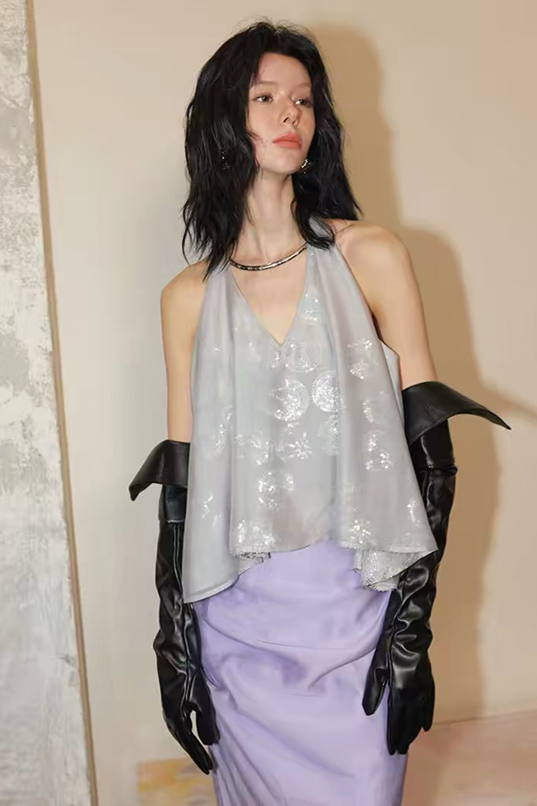 LAYERS Sequin Dot Draped Halter Top