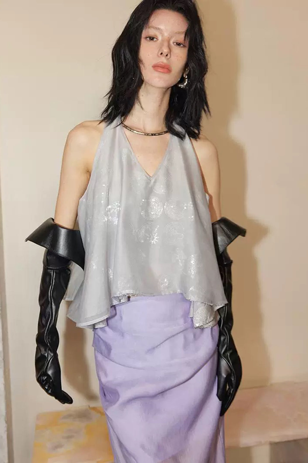LAYERS Sequin Dot Draped Halter Top