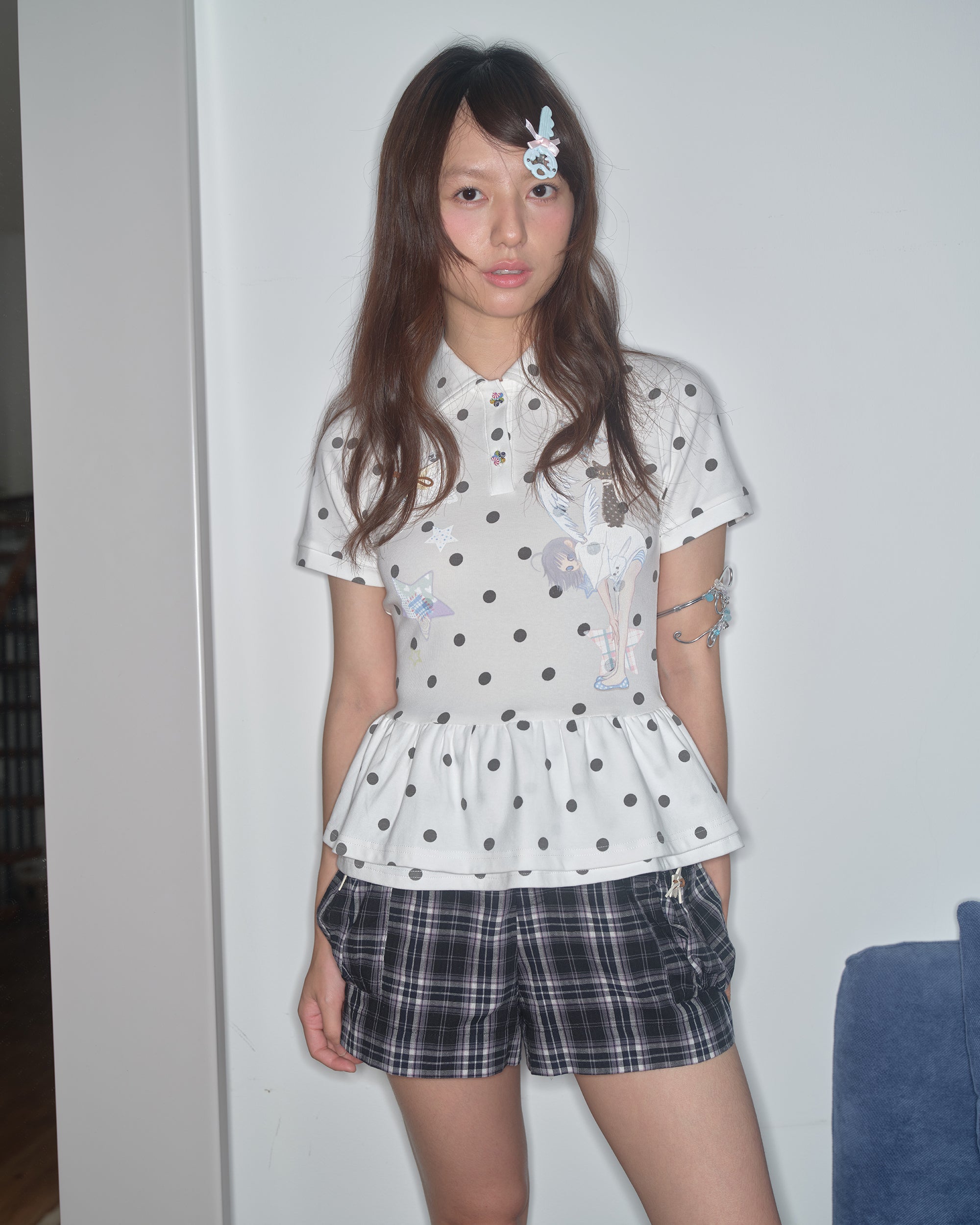 HAVE A MEAL × Congming Polka Dot Ruffle-Hem Polo Tee