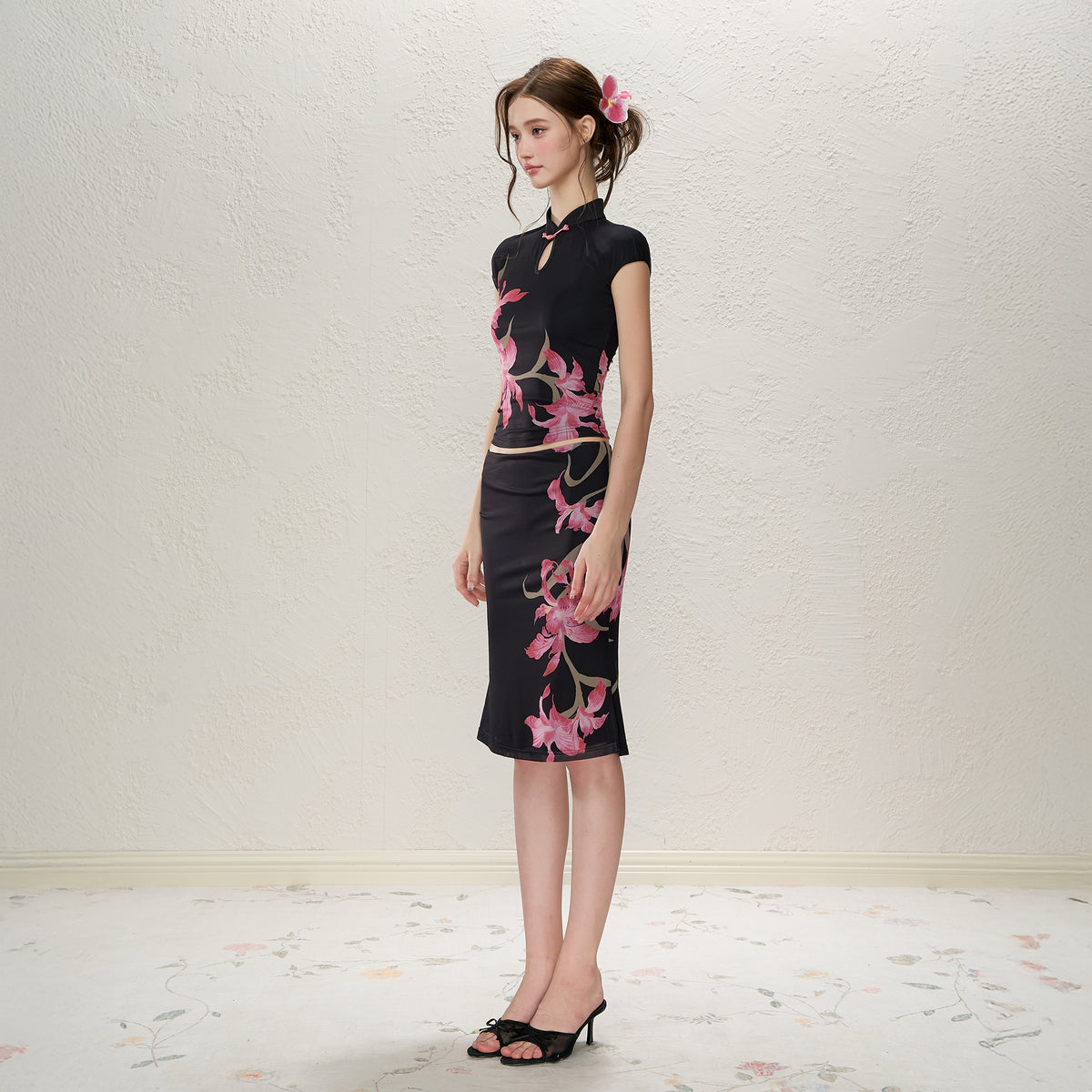 HIIMDAI Floral Frog-Button Qipao Top & Midi Skirt Set