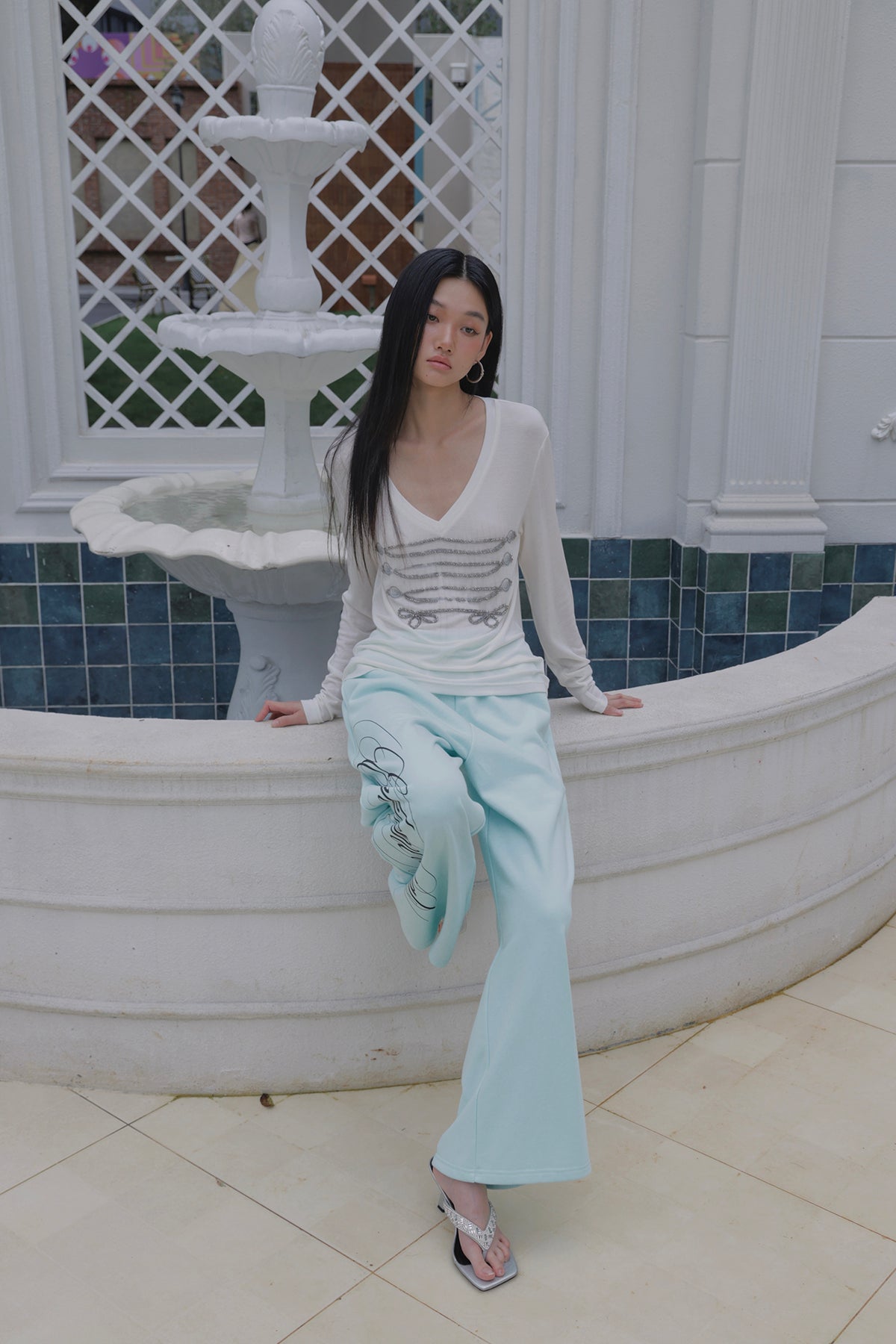 FAYCHUI Graphic Lace-Pocket Wide-Leg Sweatpants Mint Green