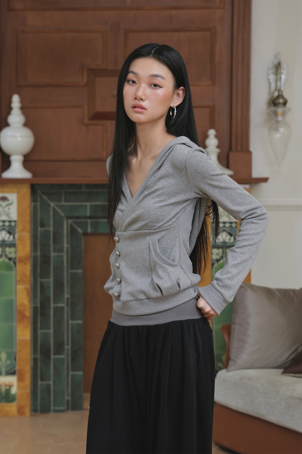 FAYCHUI Wrap-Front Button Hoodie