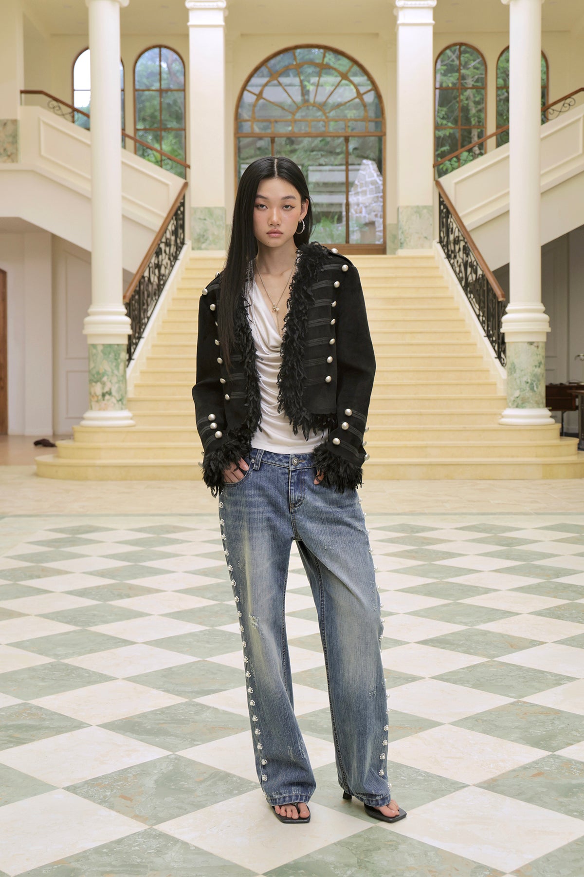FAYCHUI Feather-Trim Button-Front Slim Napoleon Jacket