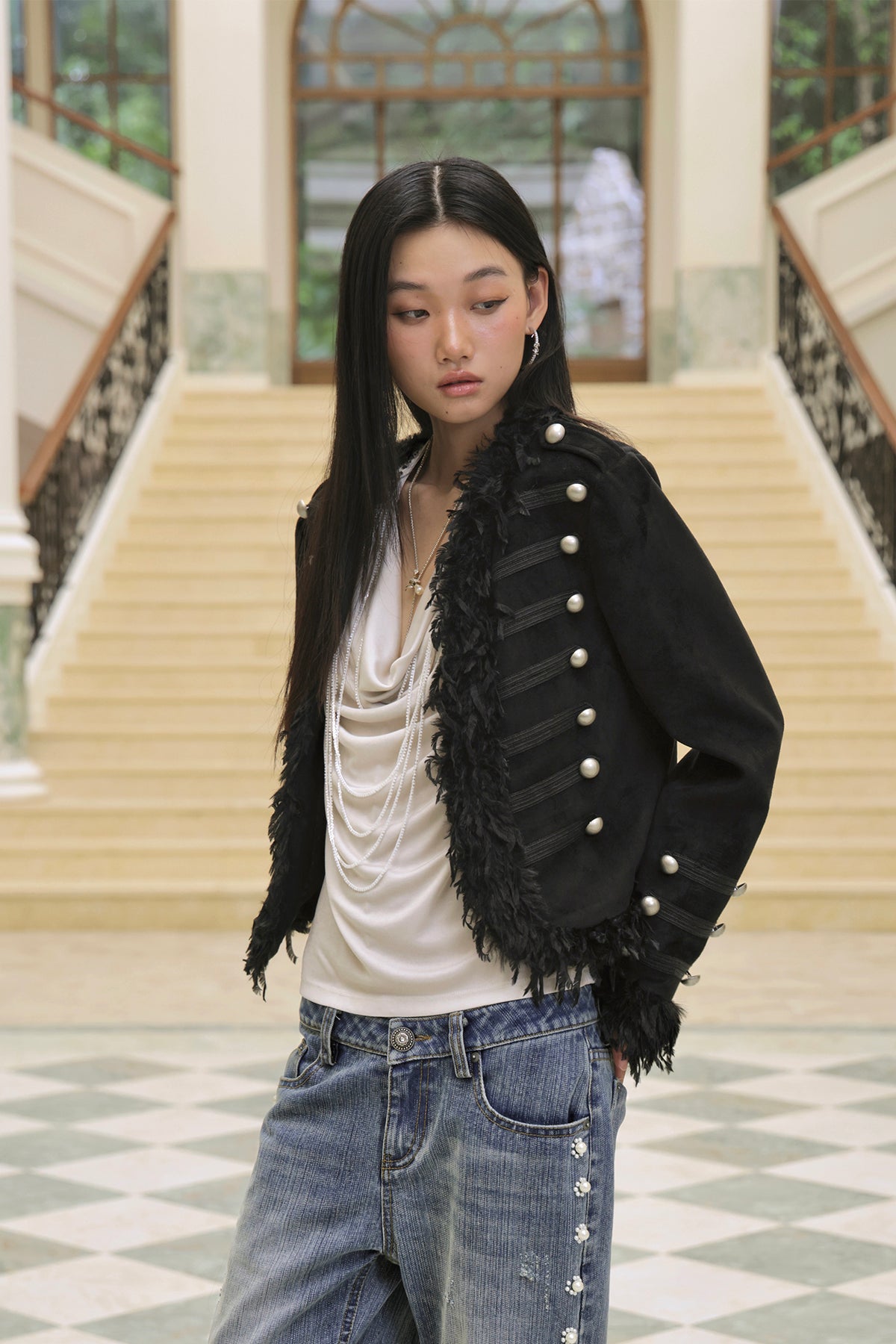 FAYCHUI Feather-Trim Button-Front Slim Napoleon Jacket