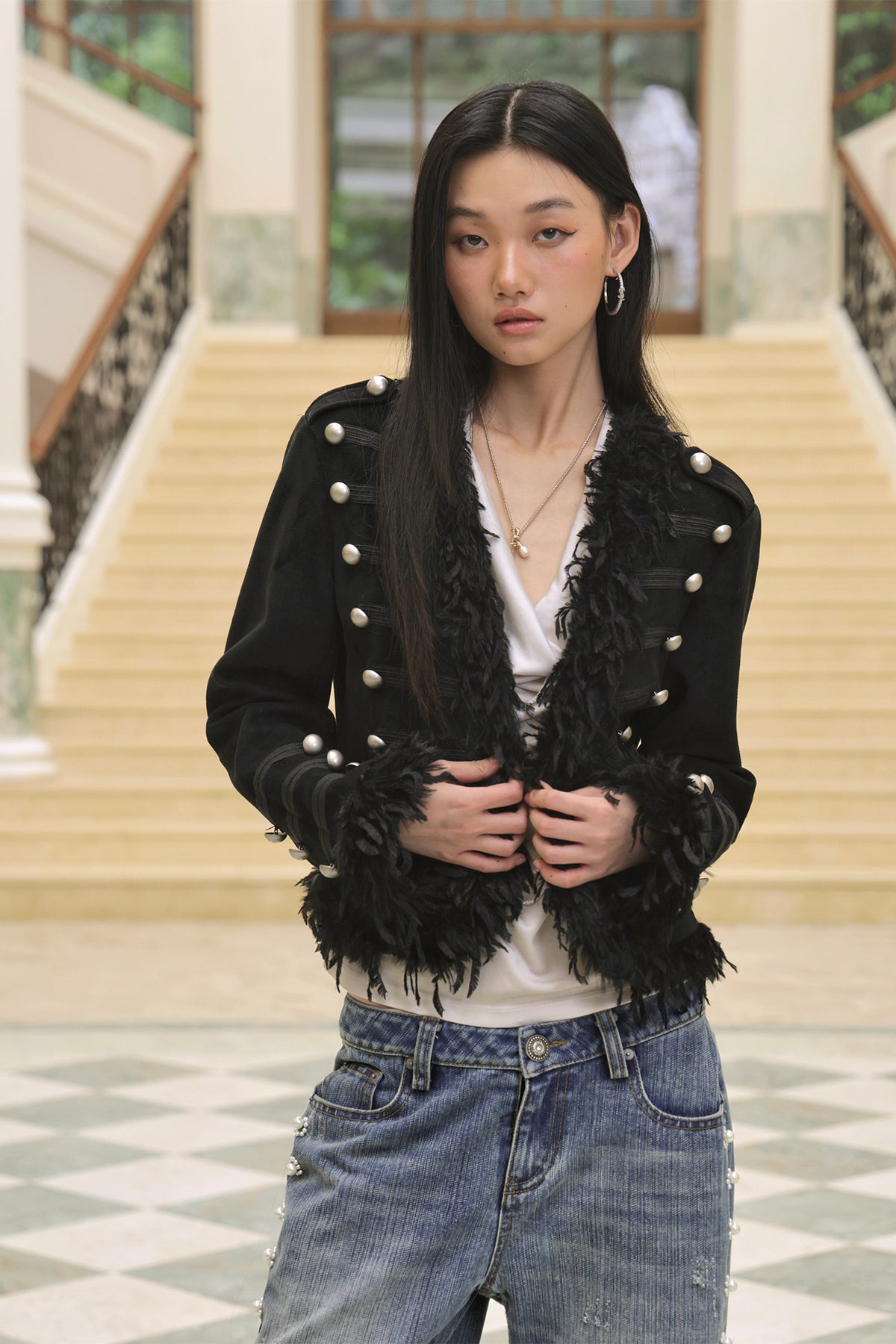FAYCHUI Feather-Trim Button-Front Slim Napoleon Jacket