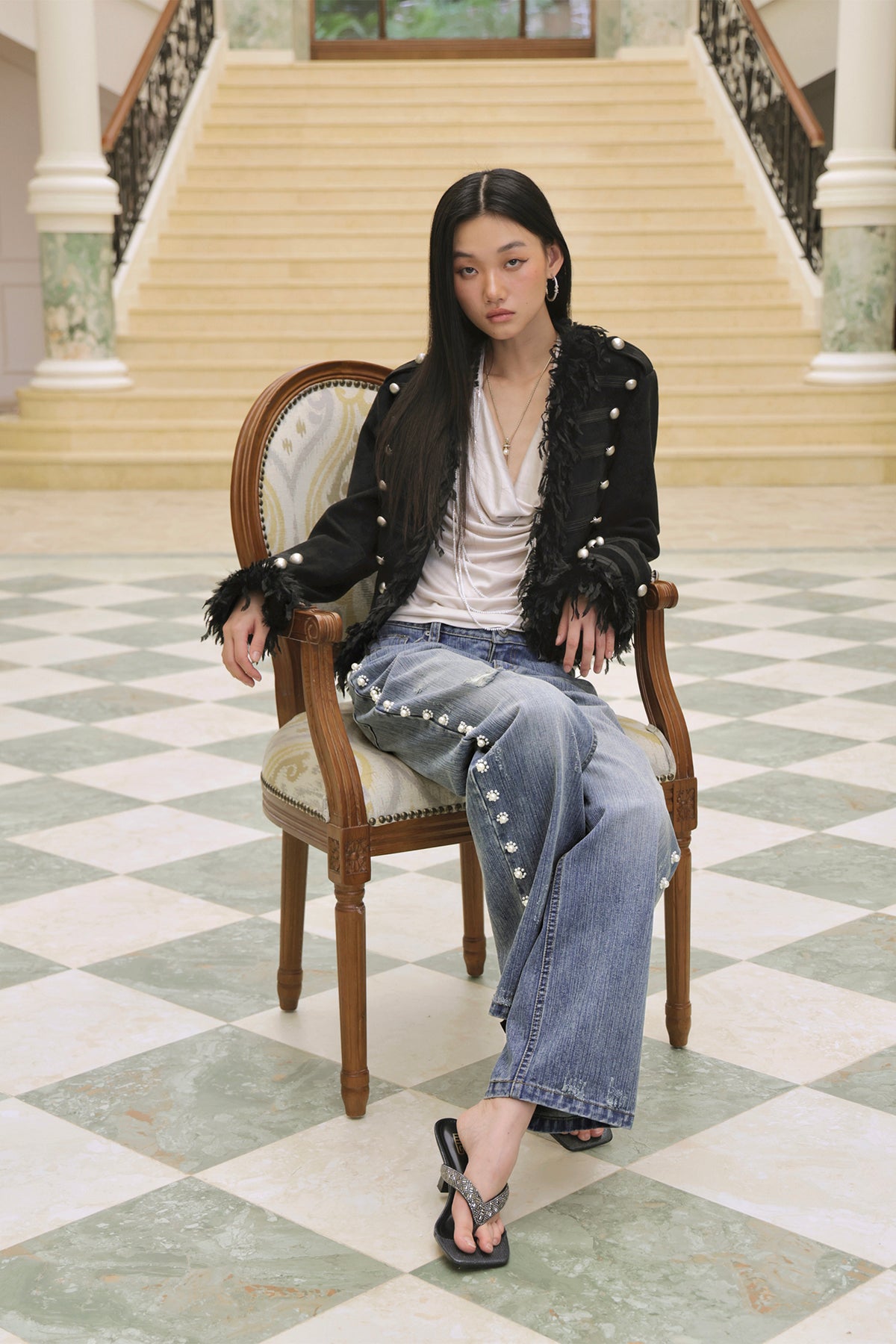 FAYCHUI Feather-Trim Button-Front Slim Napoleon Jacket