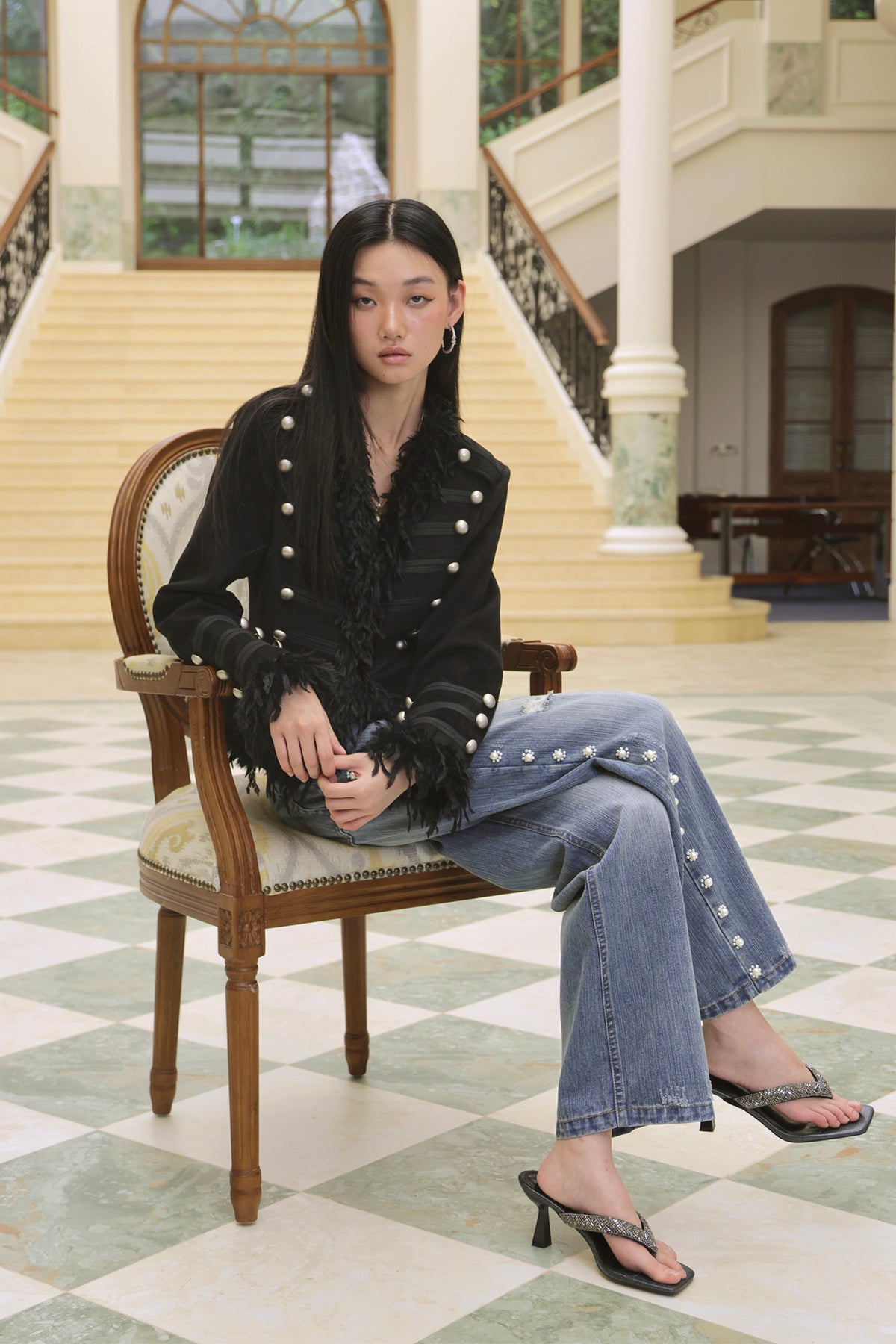 FAYCHUI Feather-Trim Button-Front Slim Napoleon Jacket