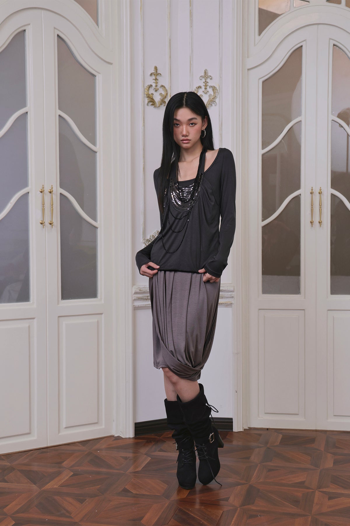 FAYCHUI Diamond Waist Draped Midi Skirt