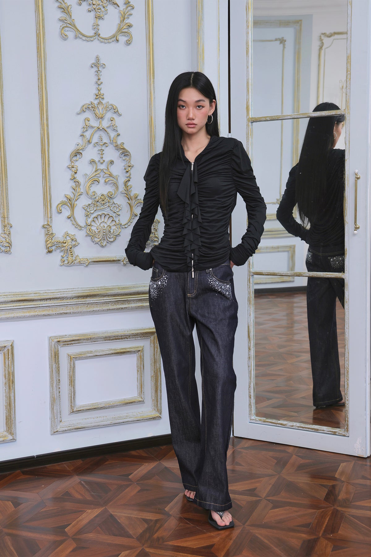 FAYCHUI Ruched Ruffle-Front Zip-Up Hoodie
